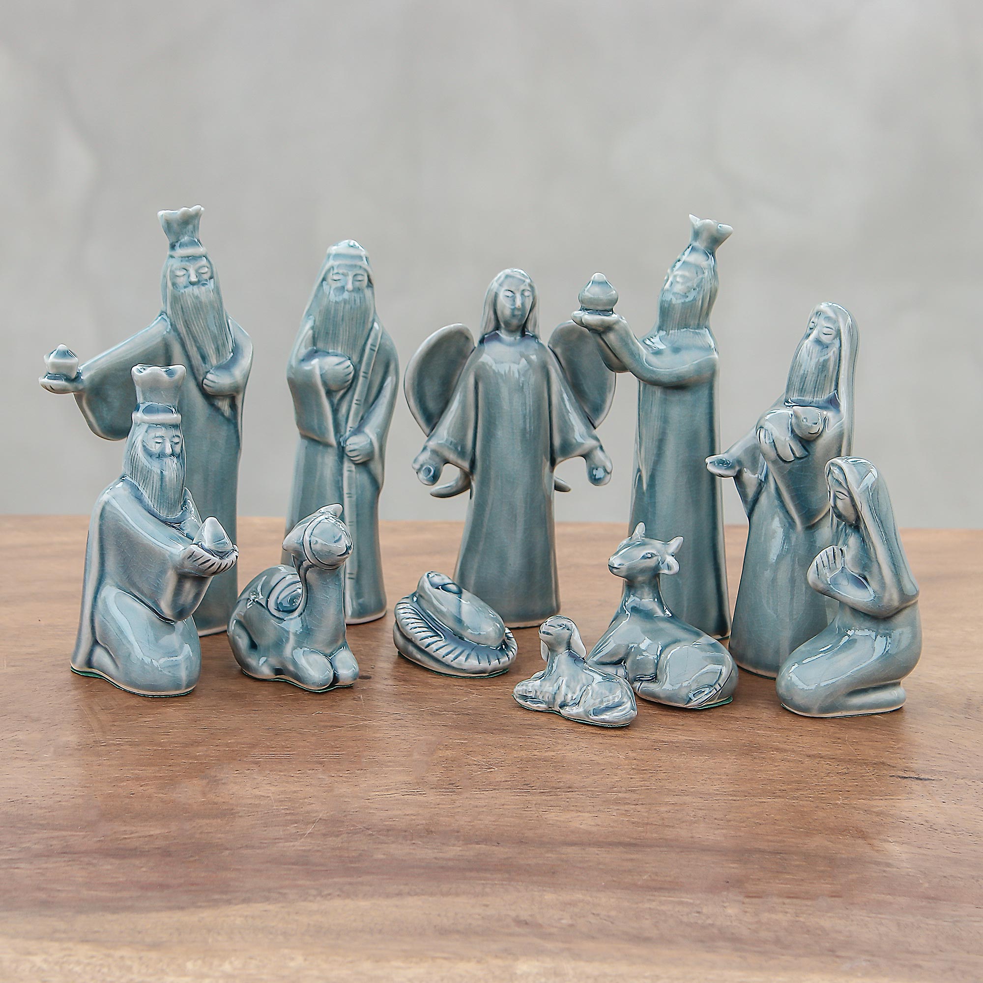 Premium Blue Celadon Ceramic Nativity Set - Handcrafted Christmas Scene (11 Pieces)