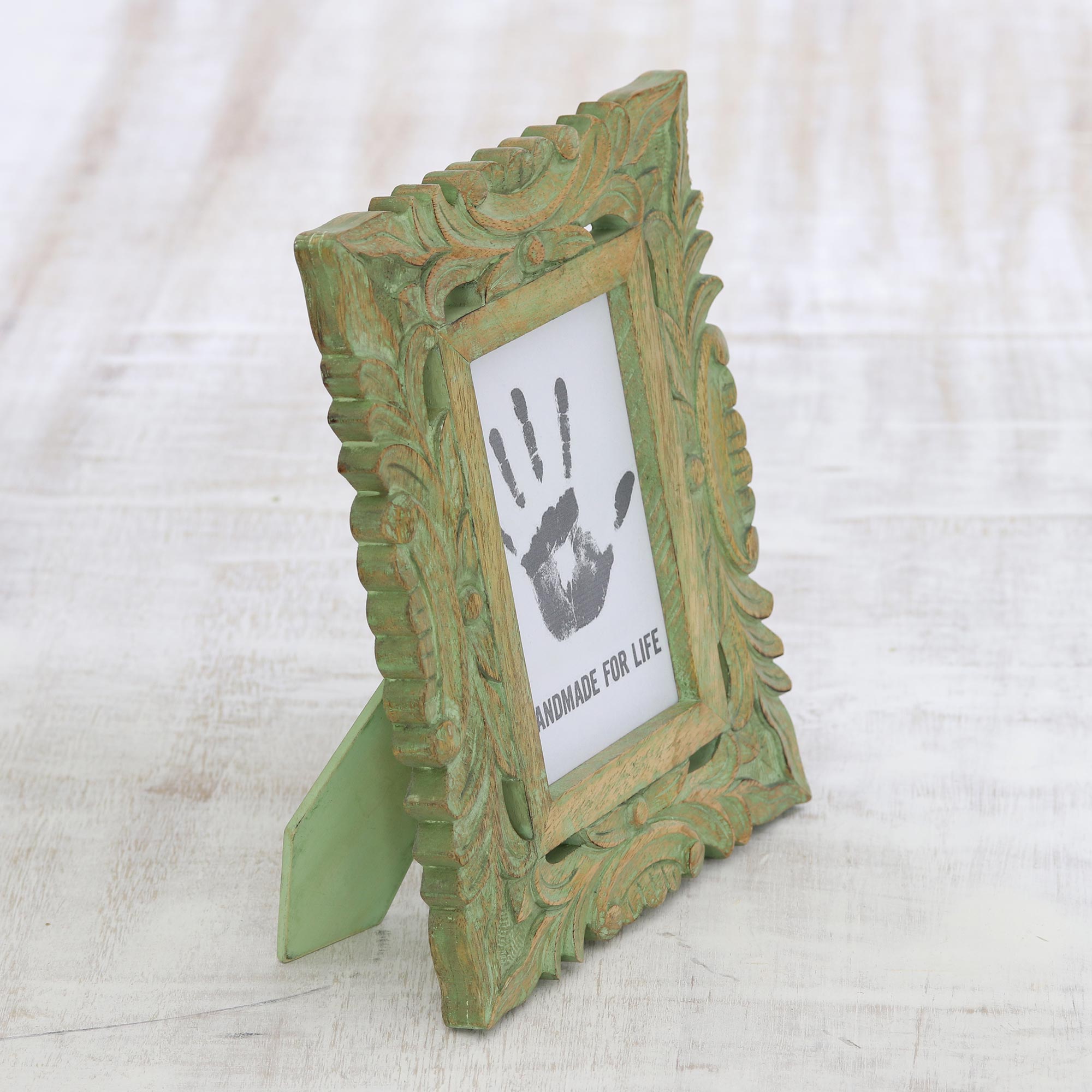 Premium Hand-Carved Rustic Leafy Vine Photo Frame - 4x6, Kelly Green