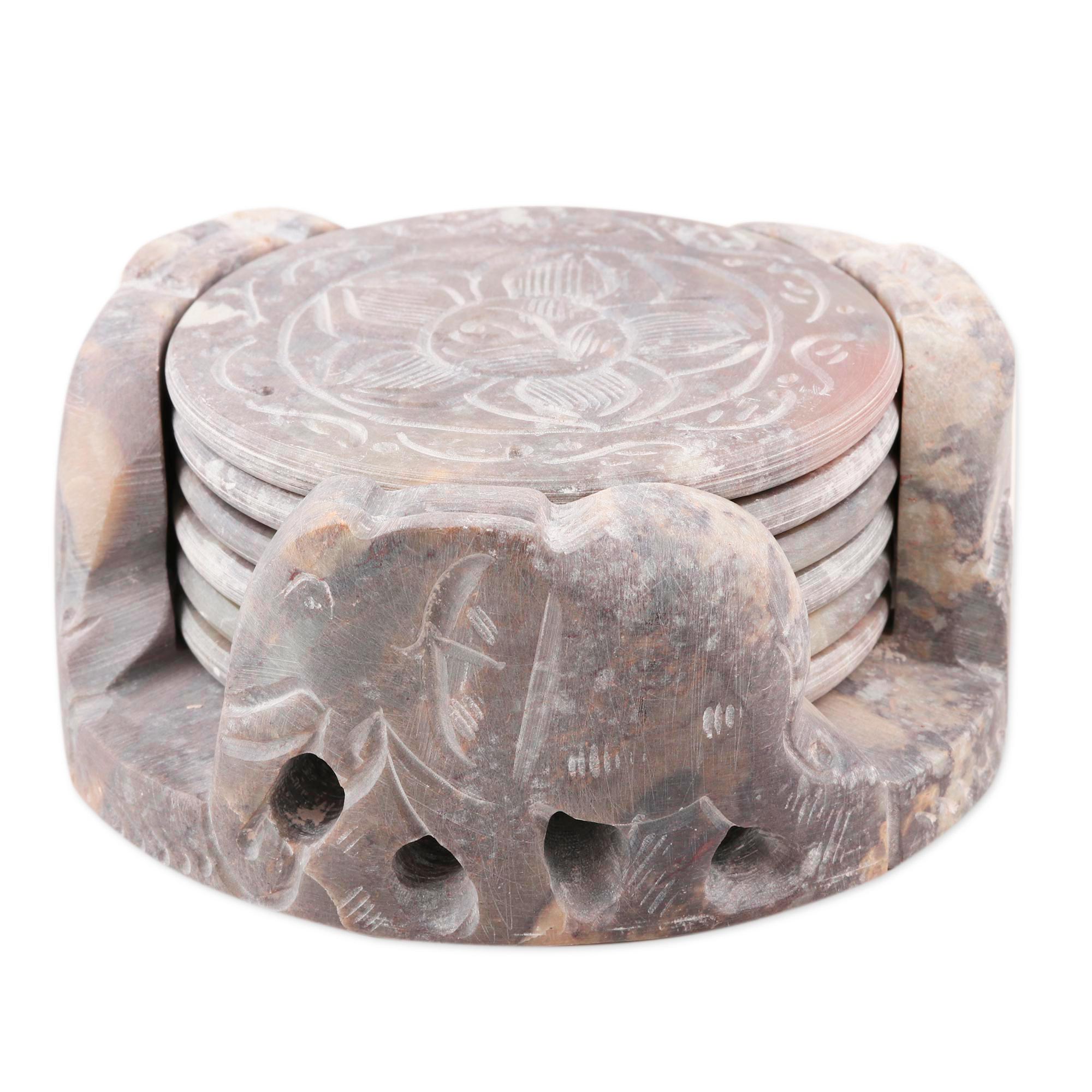 Premium Elephant Rose Fair Trade Marble Coaster Set - Ultimate Barware Collection (Set of 6)