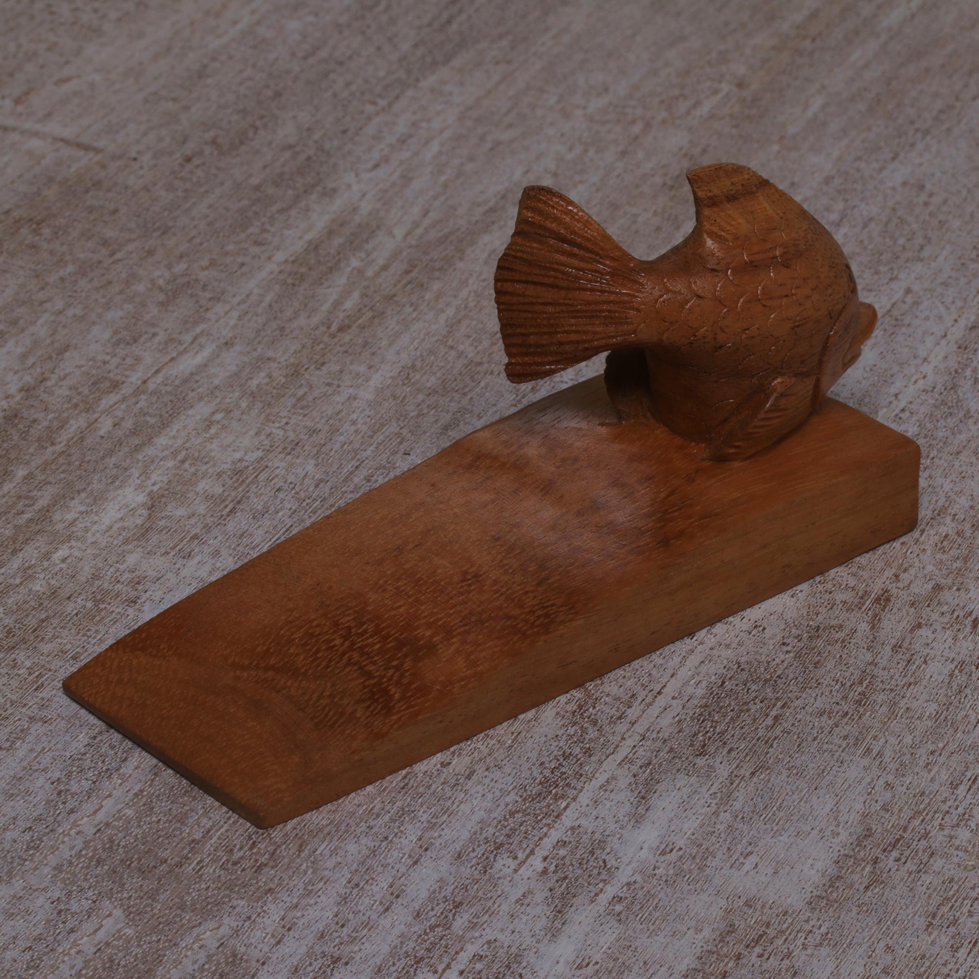 Premium Handcrafted Suar Wood Goldfish Doorstop from Bali - Natural Brown Finish