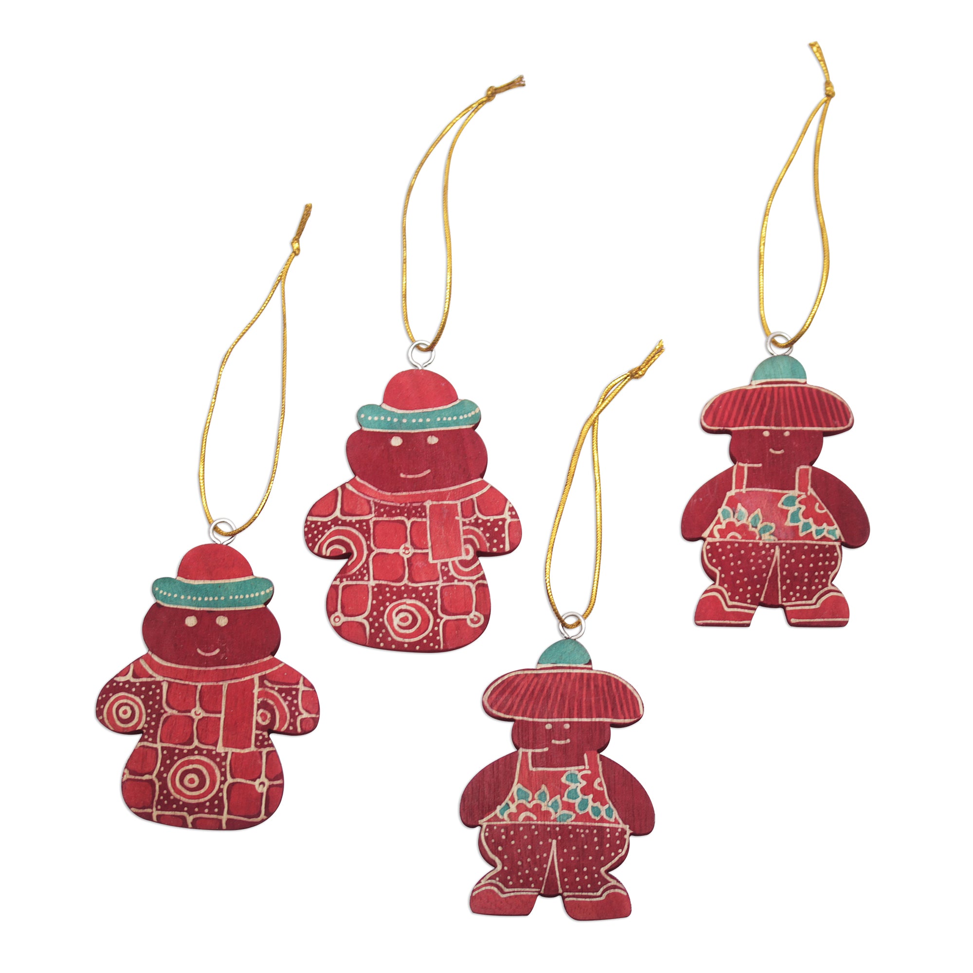 Premium Red Snowmen Batik Wood Ornaments - Set of 4 Handcrafted Holiday Decor