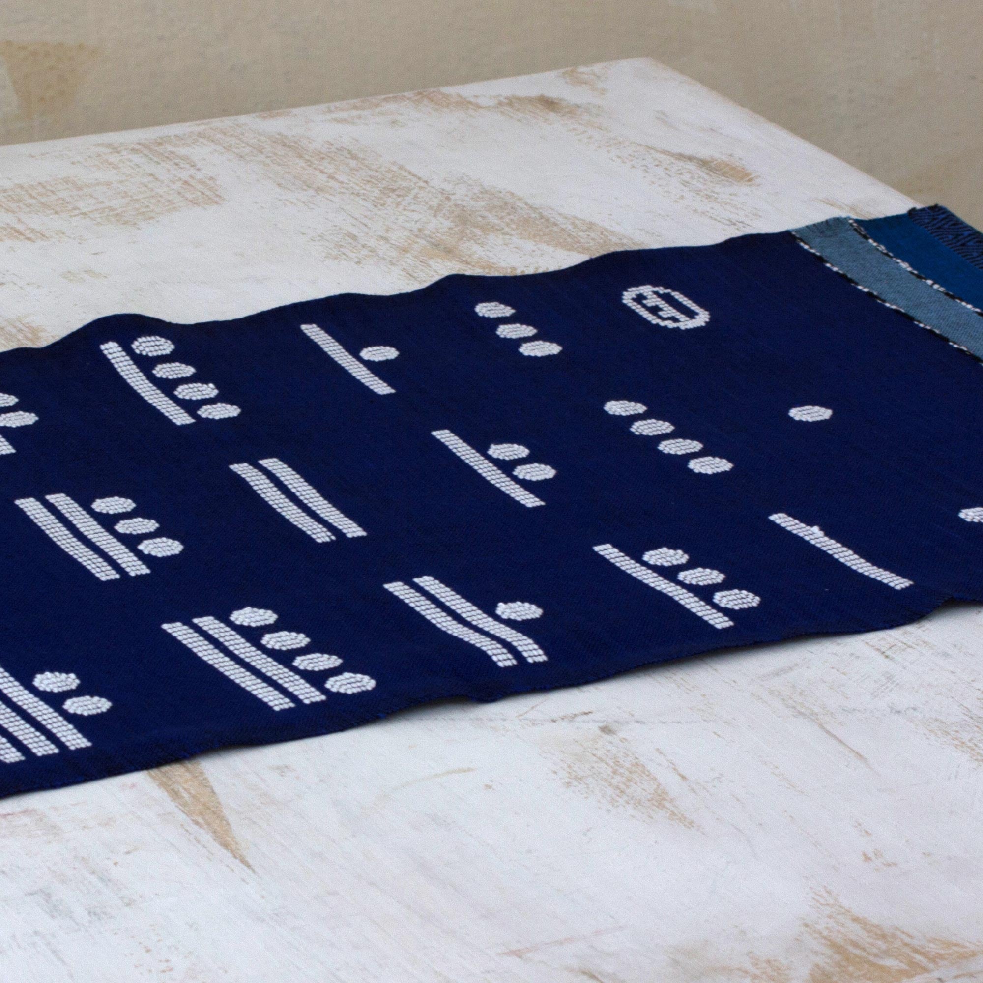 Premium Maya Math Handwoven Cotton Table Runner - Blue Geometric Design