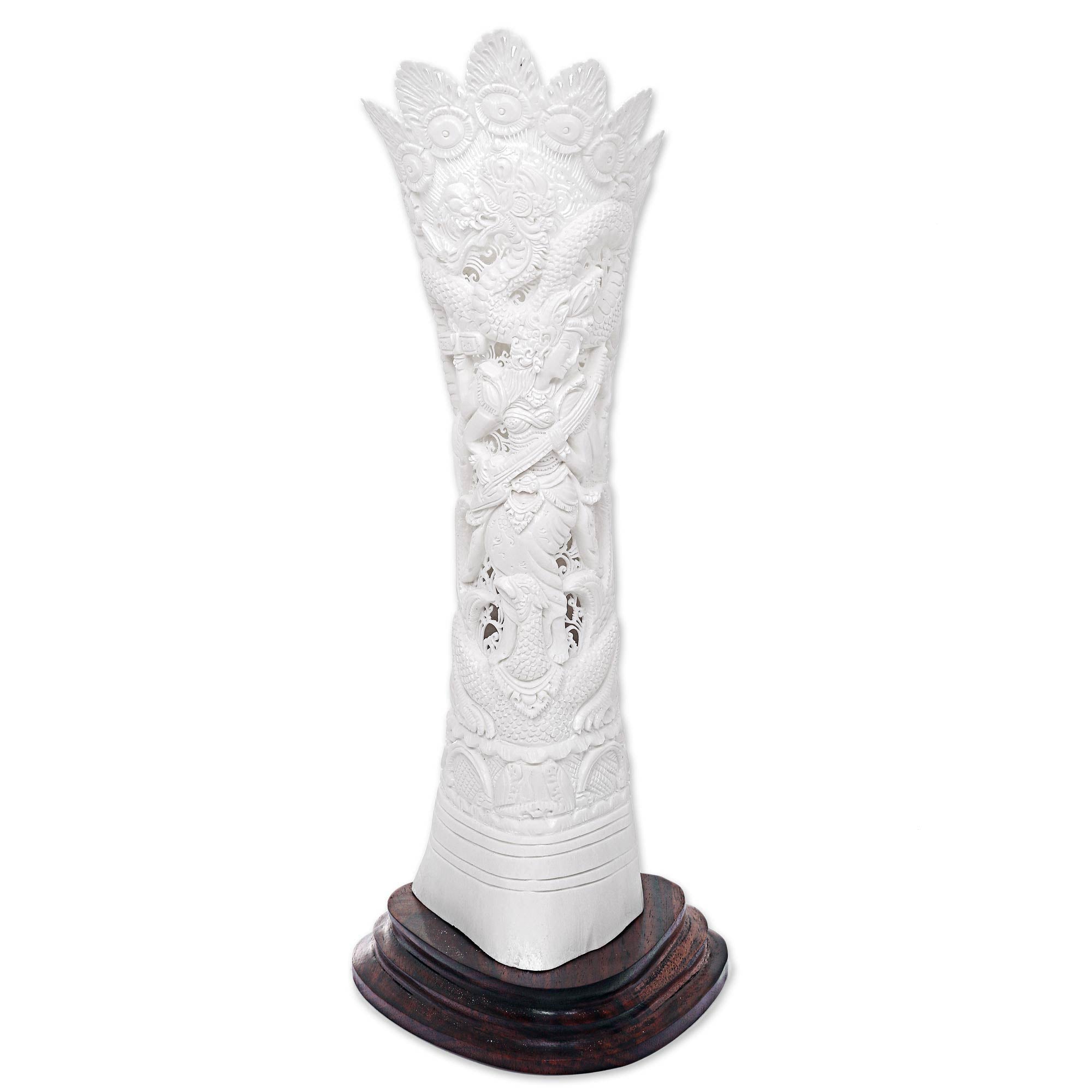 Premium Dewi Saraswati White Bone Sculpture - Handcrafted Hindu Art