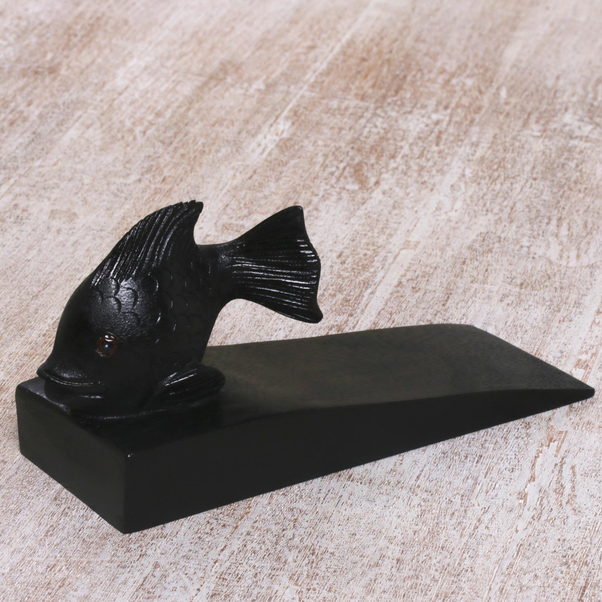 Premium Handcrafted Suar Wood Fish Doorstop - Black Balinese Design