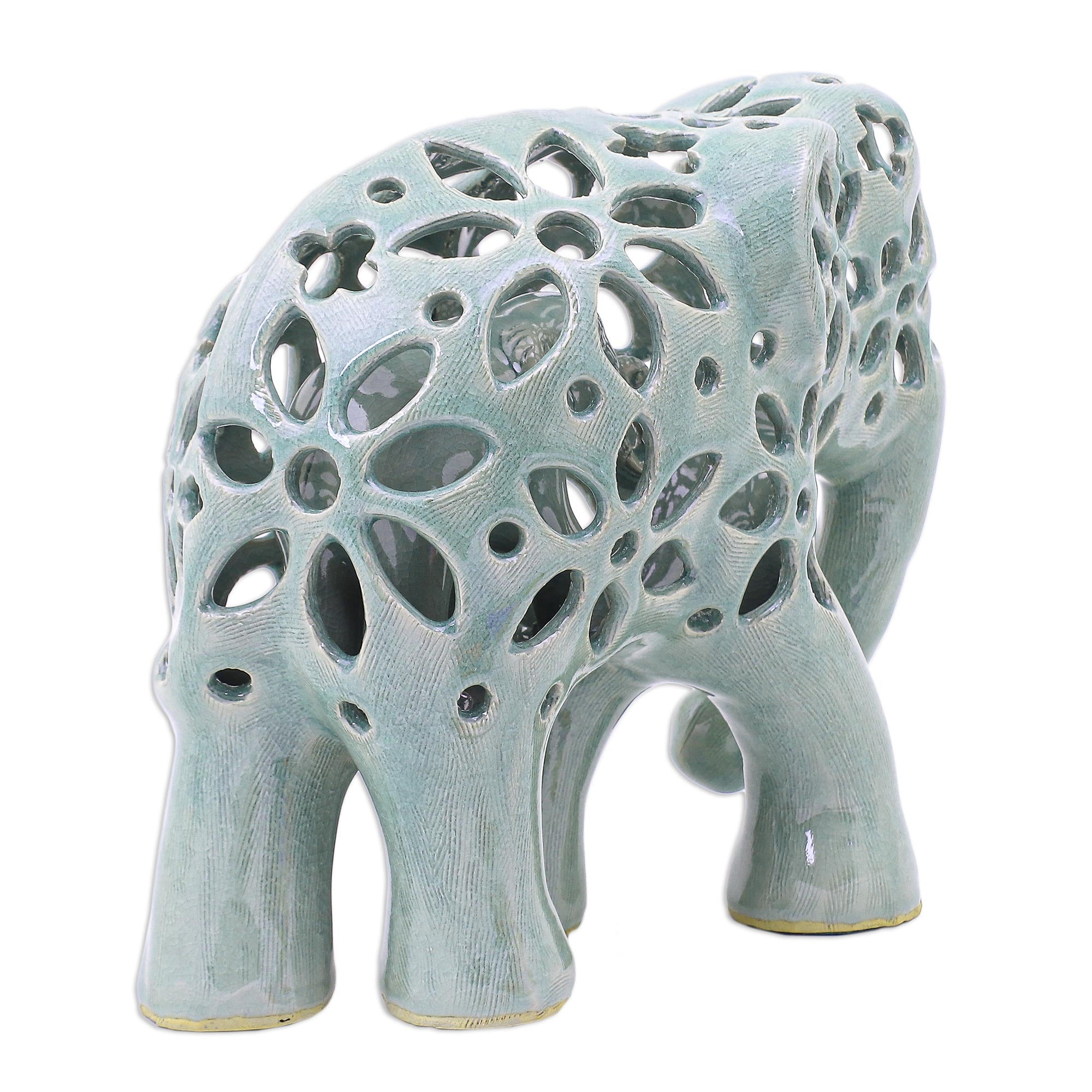 Premium Handcrafted Celadon Elephant Sculpture – Floral Artistry by Thai Artisans