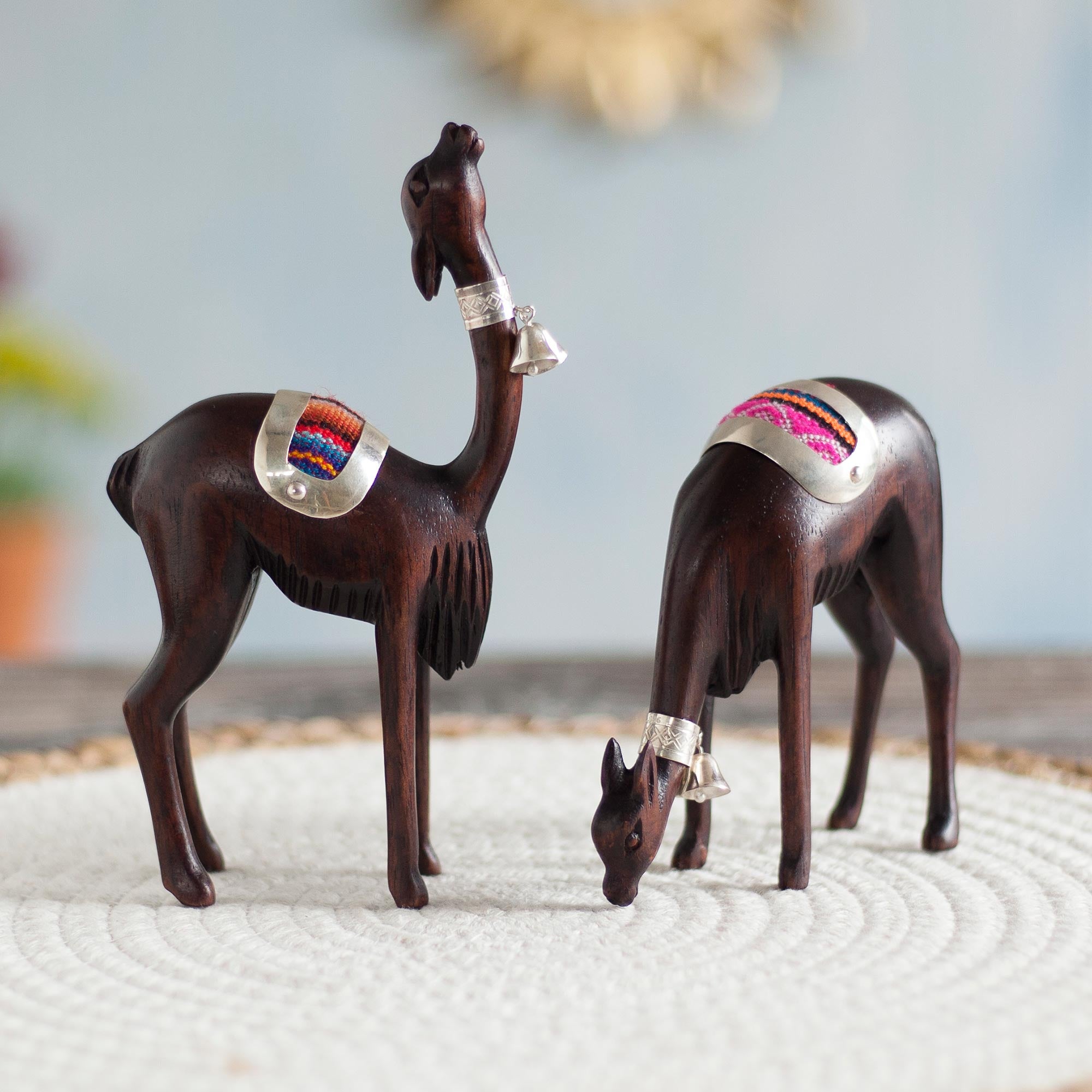 Premium Hand-Carved Vicuña Figurines from Peru - Silver & Cedar Wood Pair