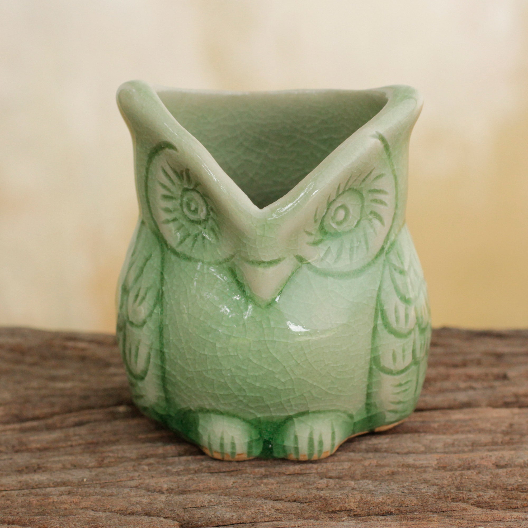 Premium Handcrafted Green Thai Celadon Owl Pot - Bird-Themed Elegance
