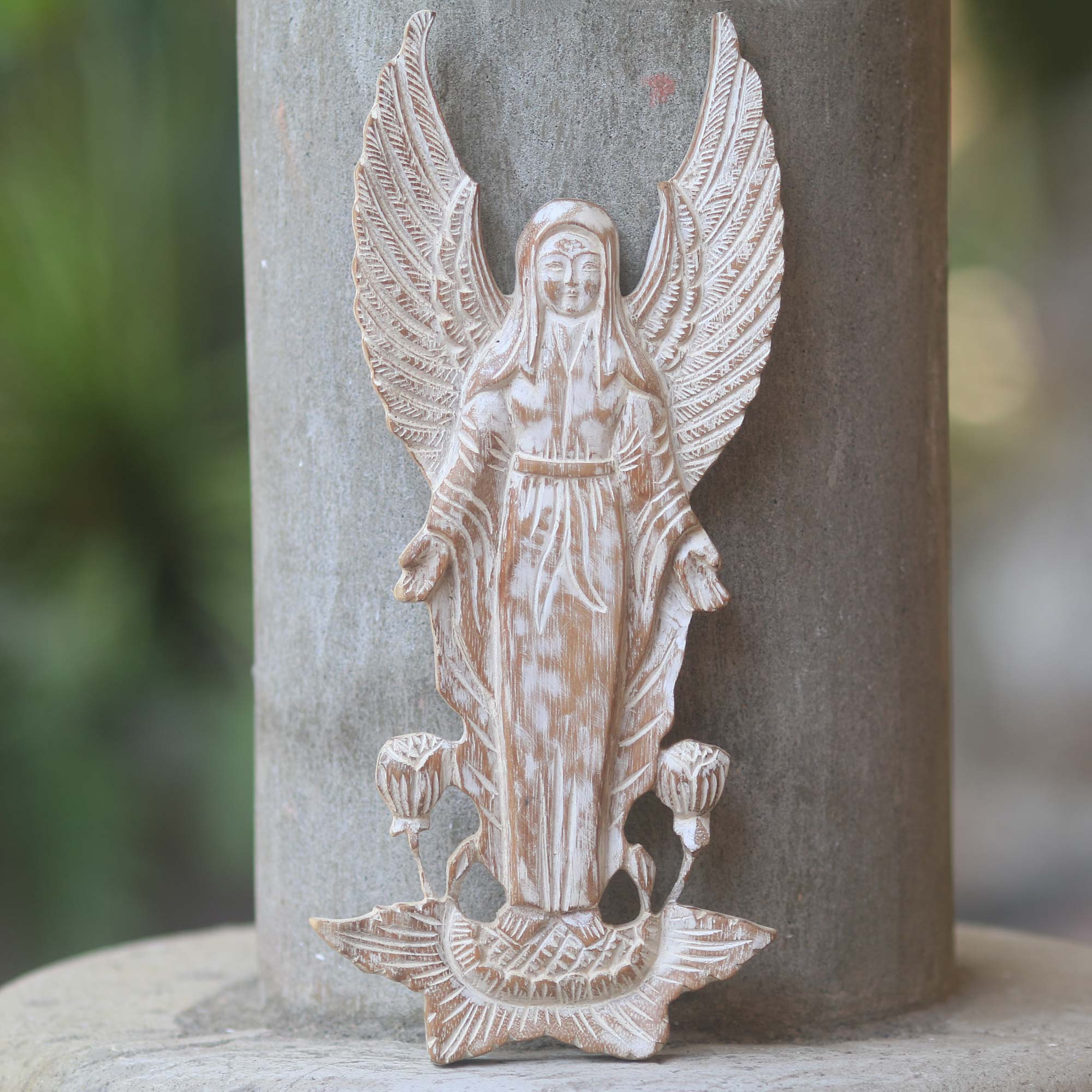 Premium Hand-Carved Balinese Angel Relief Panel – Whitewashed Elegance