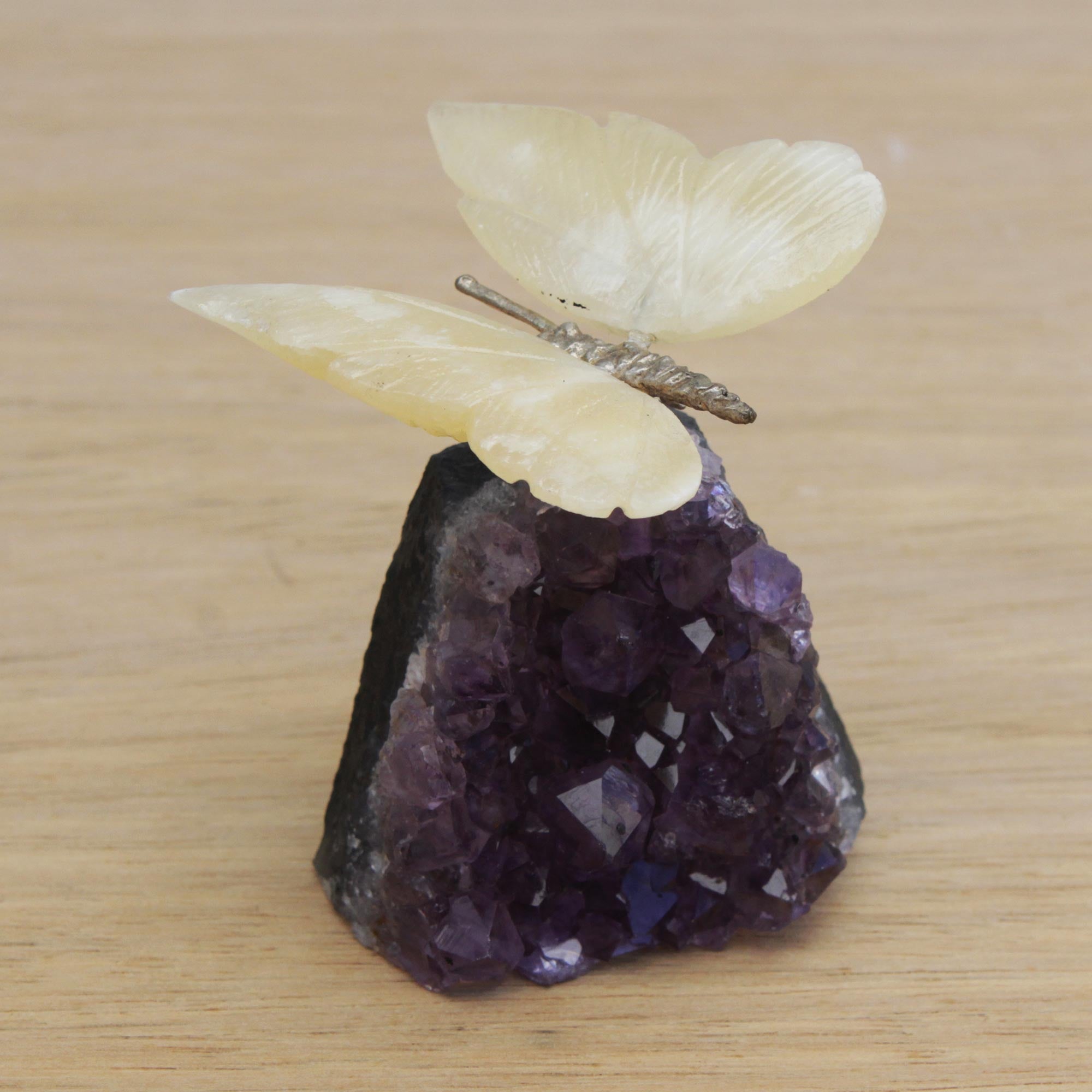 Premium Honey Calcite & Amethyst Butterfly Sculpture - Handcrafted Gemstone Art