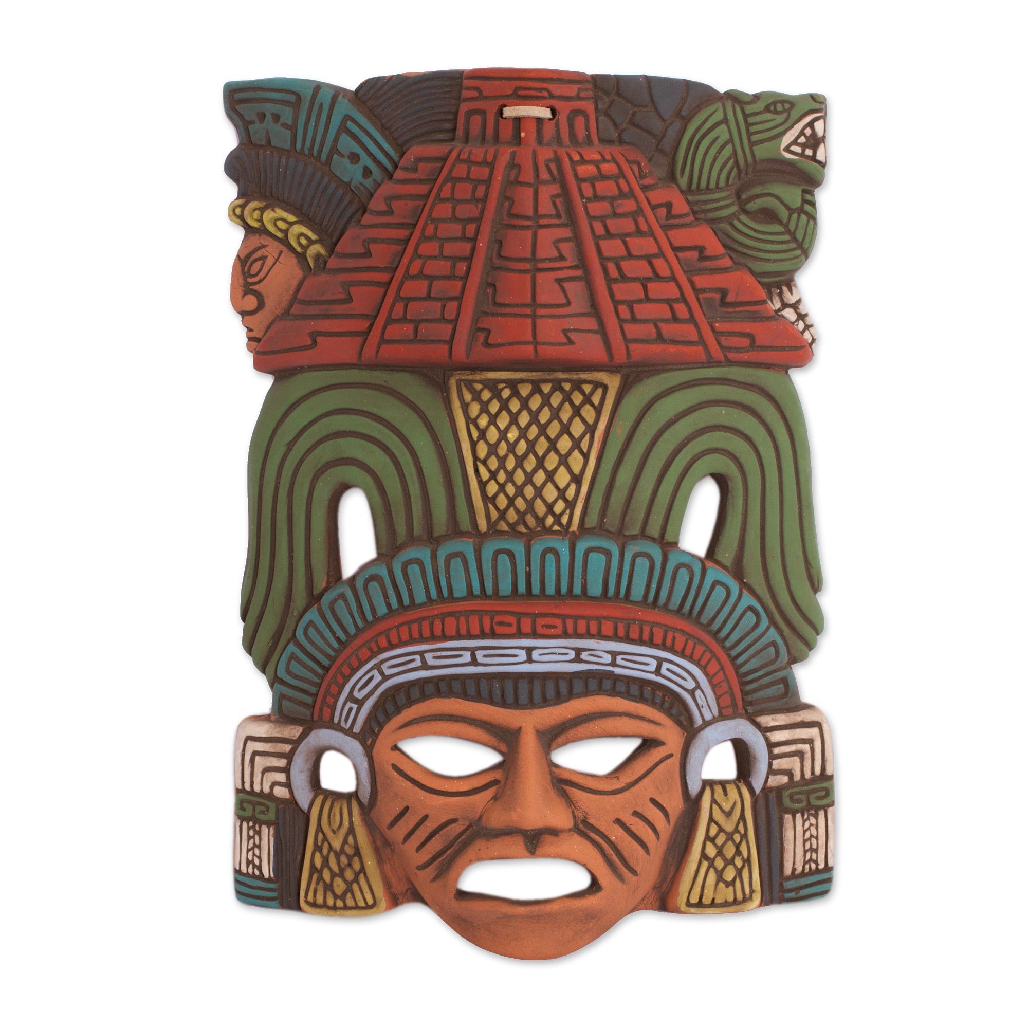 Premium Hand-Painted Mayan Pyramid Ceramic Wall Mask | Authentic Mexican Art