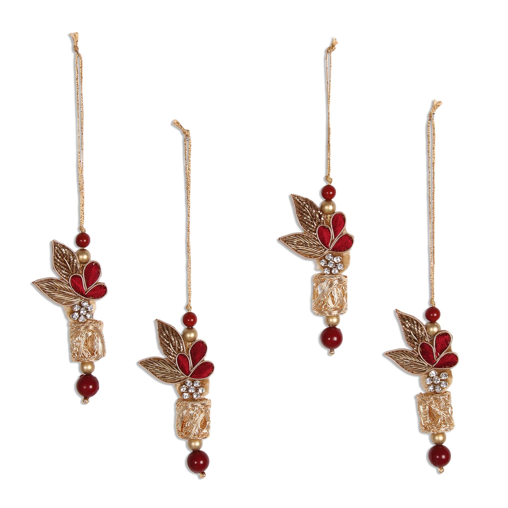 Premium Handcrafted Indian Ornament Set - Red & Gold Beaded Decor (4-Piece)