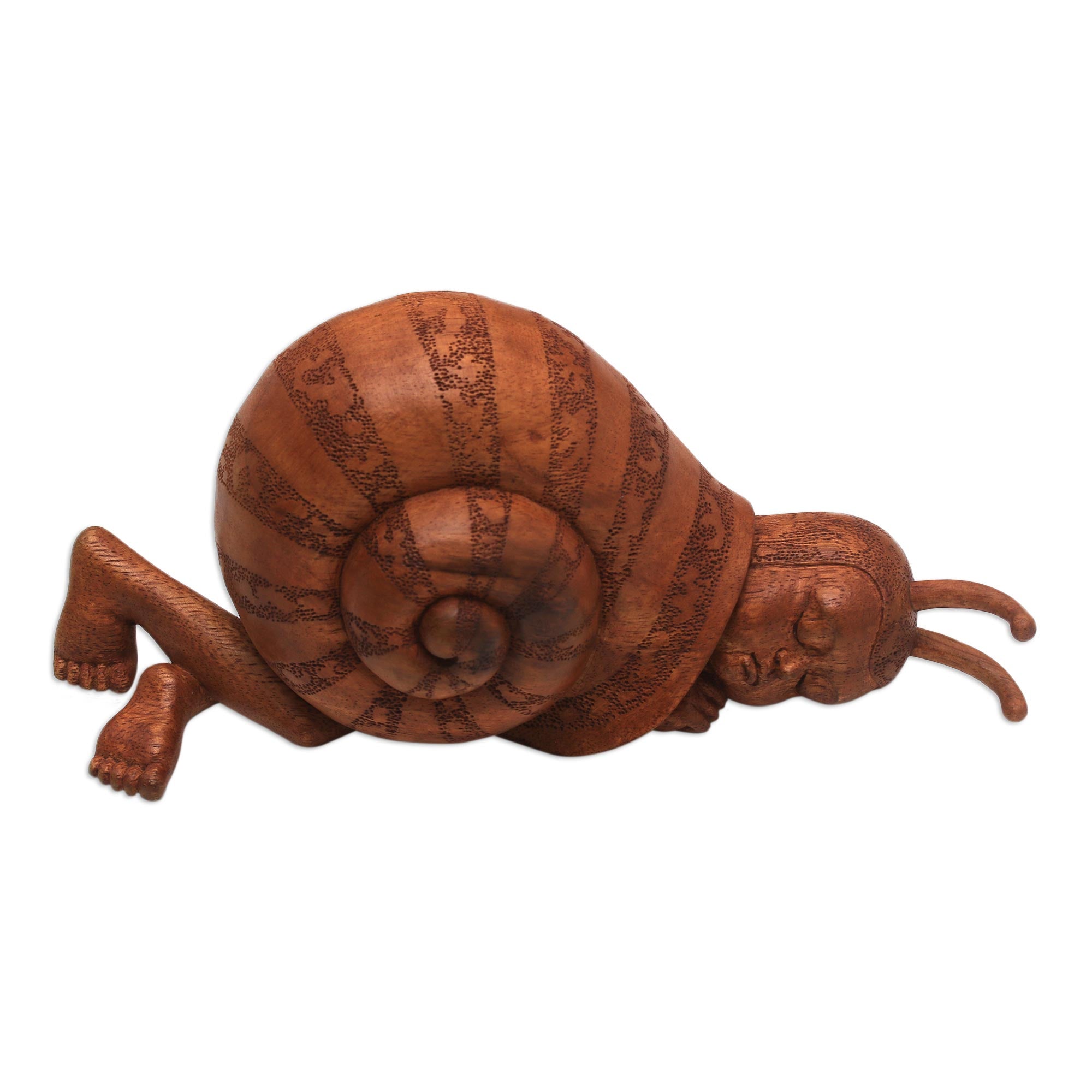 Premium Suar Wood Sculpture: Slumbering Snail Man by Indonesian Artisan