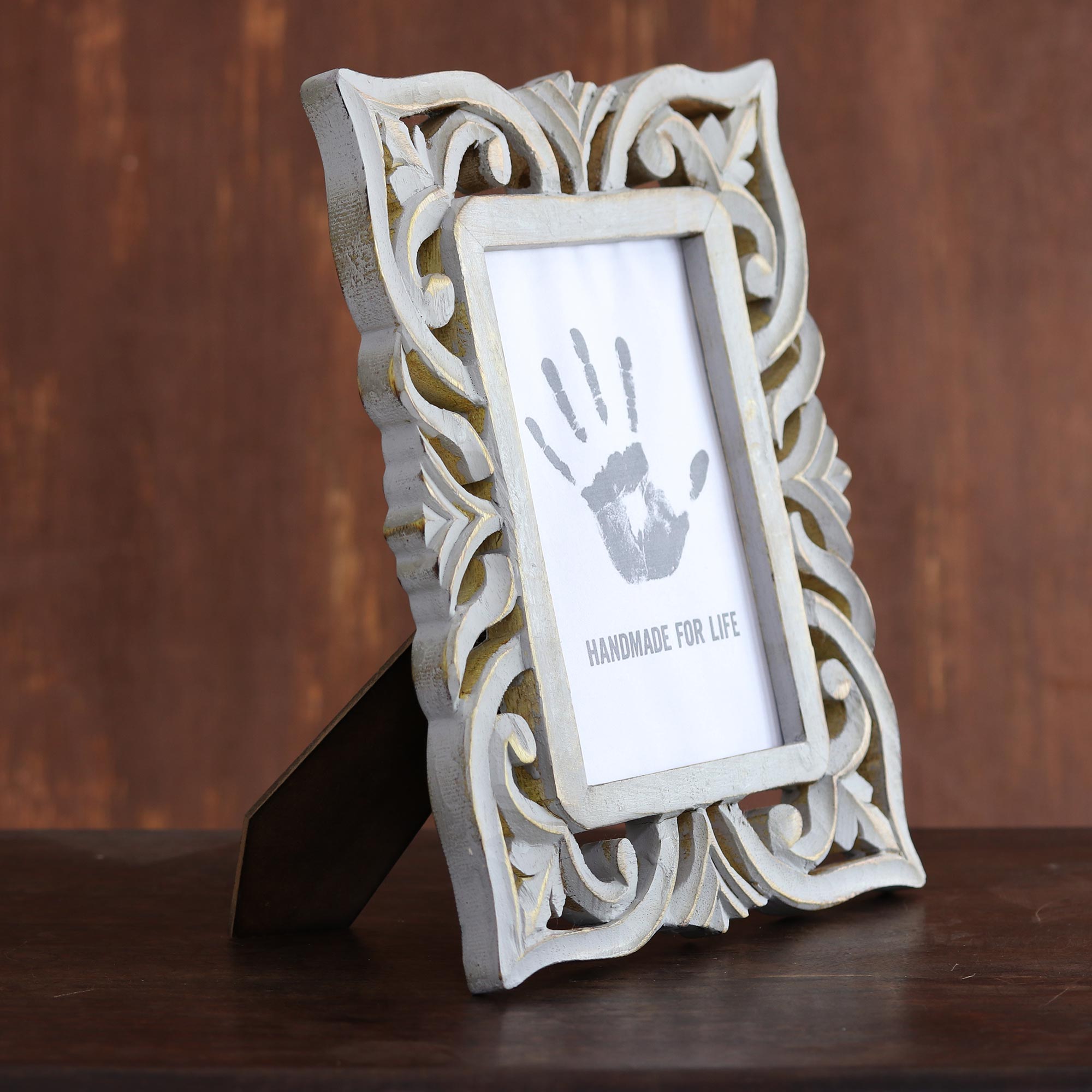Premium Mughal Garden Grey Hand-Carved Mango Wood Photo Frame – 5x7, Rustic Elegance