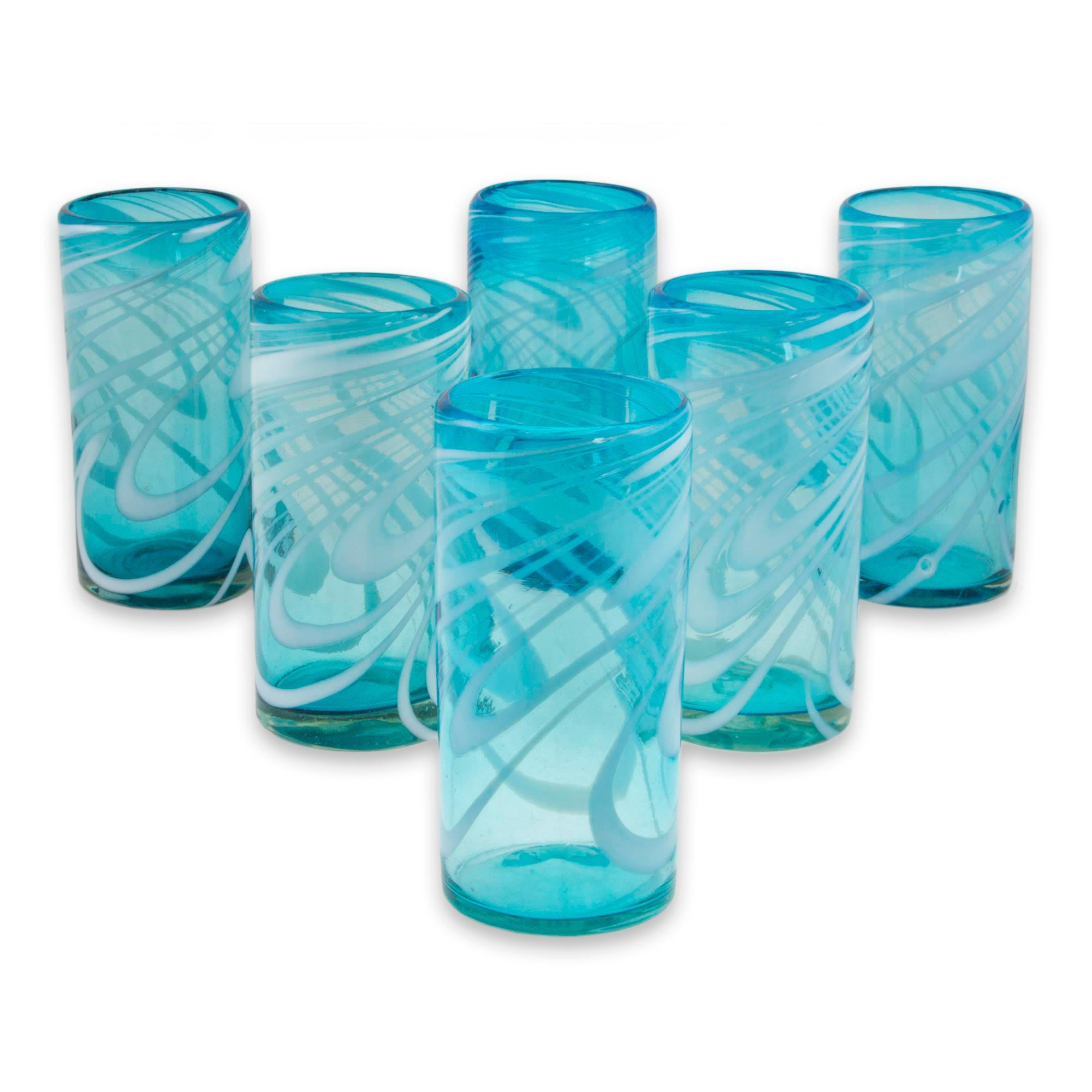 Premium Whirling Aquamarine Hand-Blown Highball Glasses - Set of 6