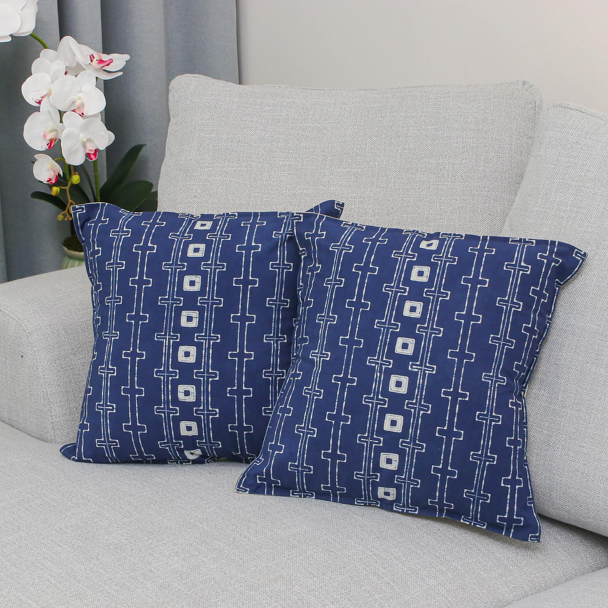 Premium Indigo Chains Batik Cotton Cushion Covers - Handcrafted in Thailand (Pair)