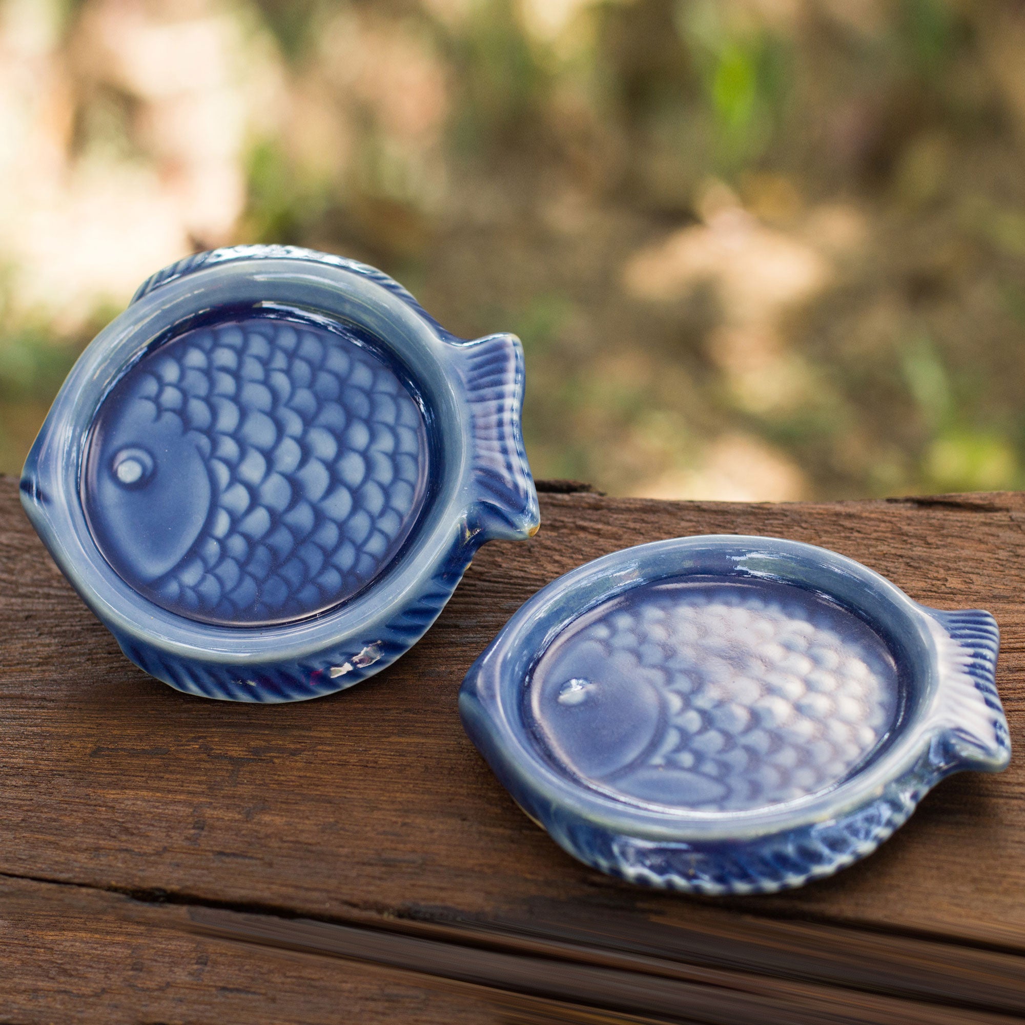 Premium Ocean Blue Fish Thai Celadon Ceramic Coasters (Set of 2)