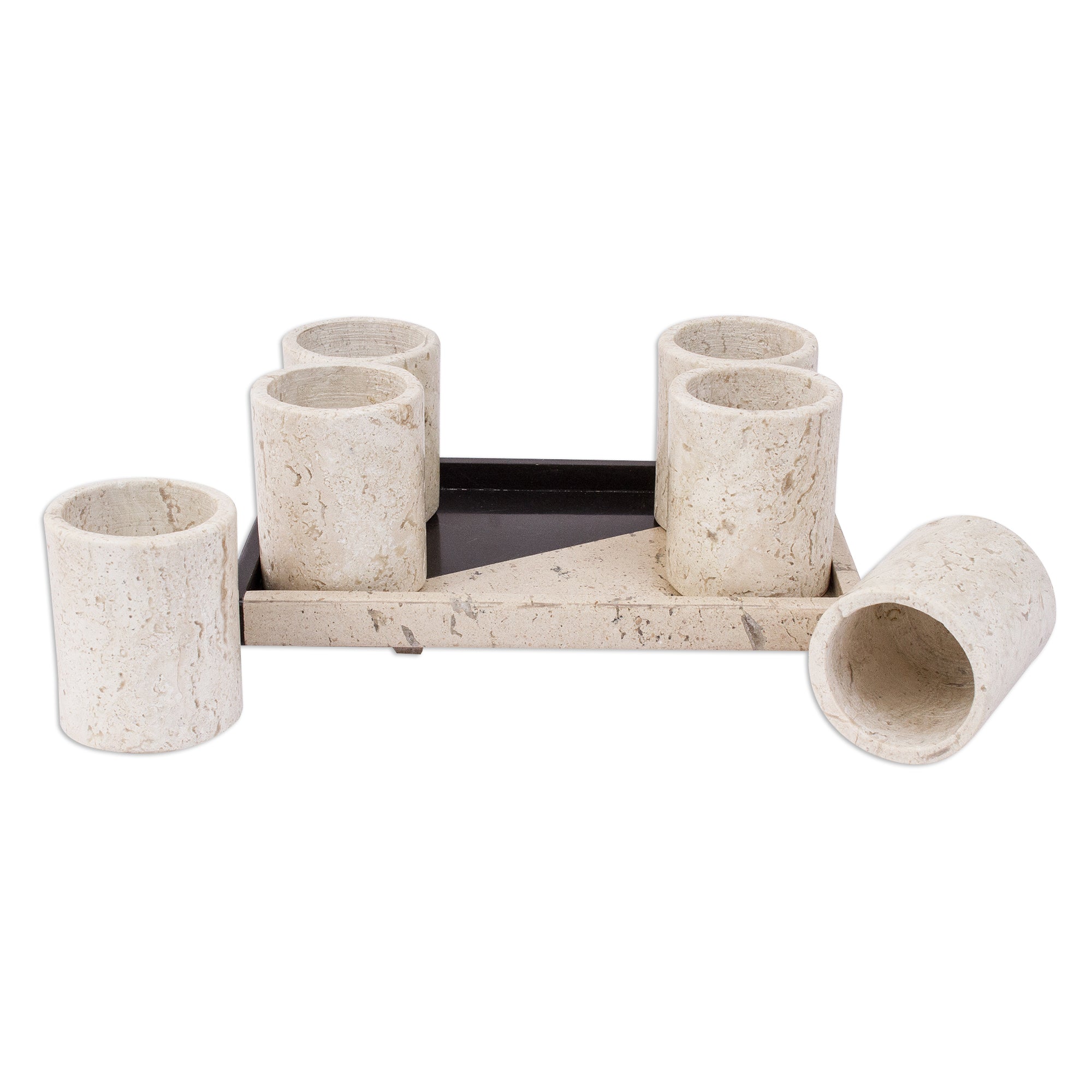 Premium Handcrafted Beige Marble Tequila Glasses with Oblique Tray - Set of 6