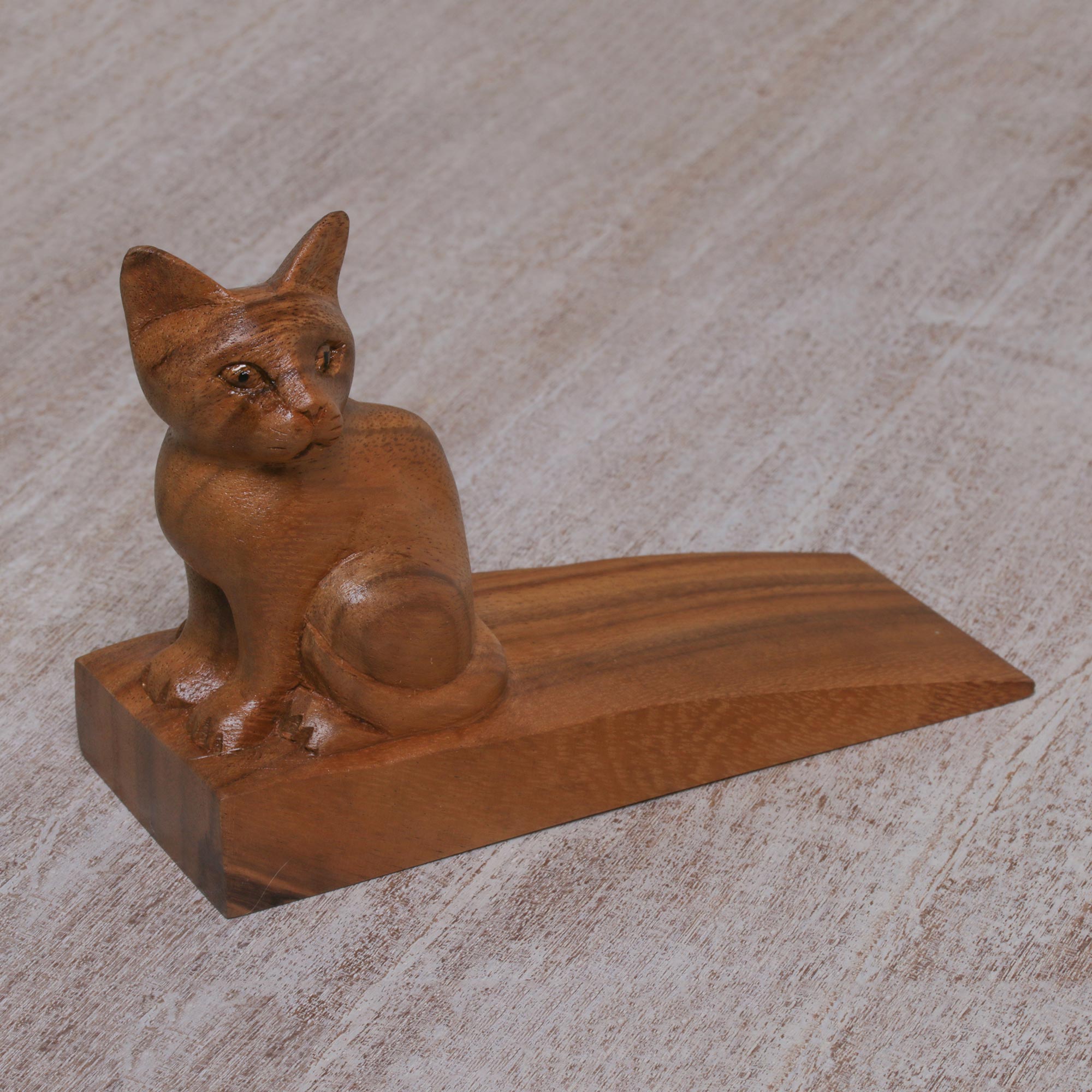 Premium Handcrafted Suar Wood Kitten Doorstop - Natural Brown Finish