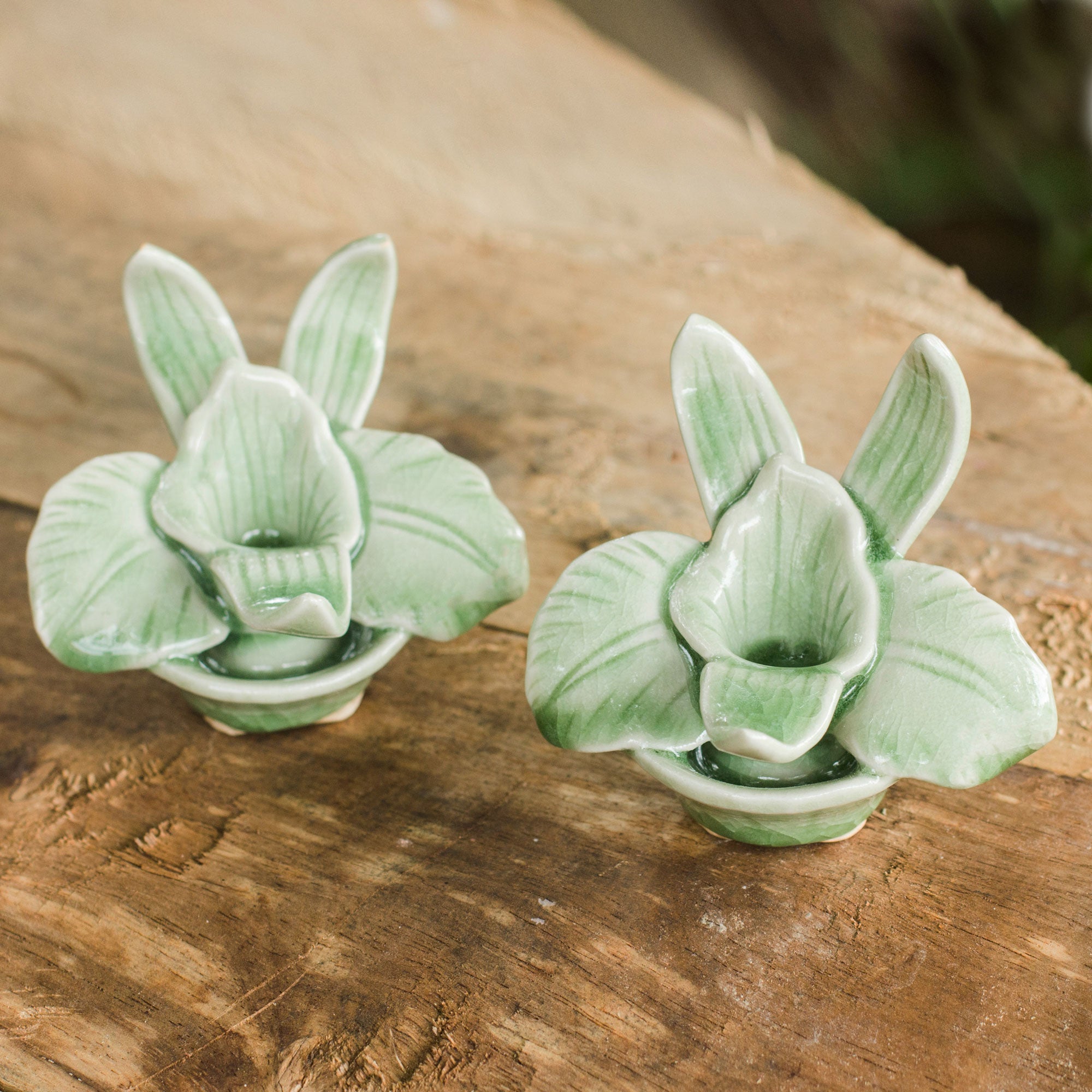 Premium Thai Jade Orchids Celadon Ceramic Candle Holders - Elegant Pair