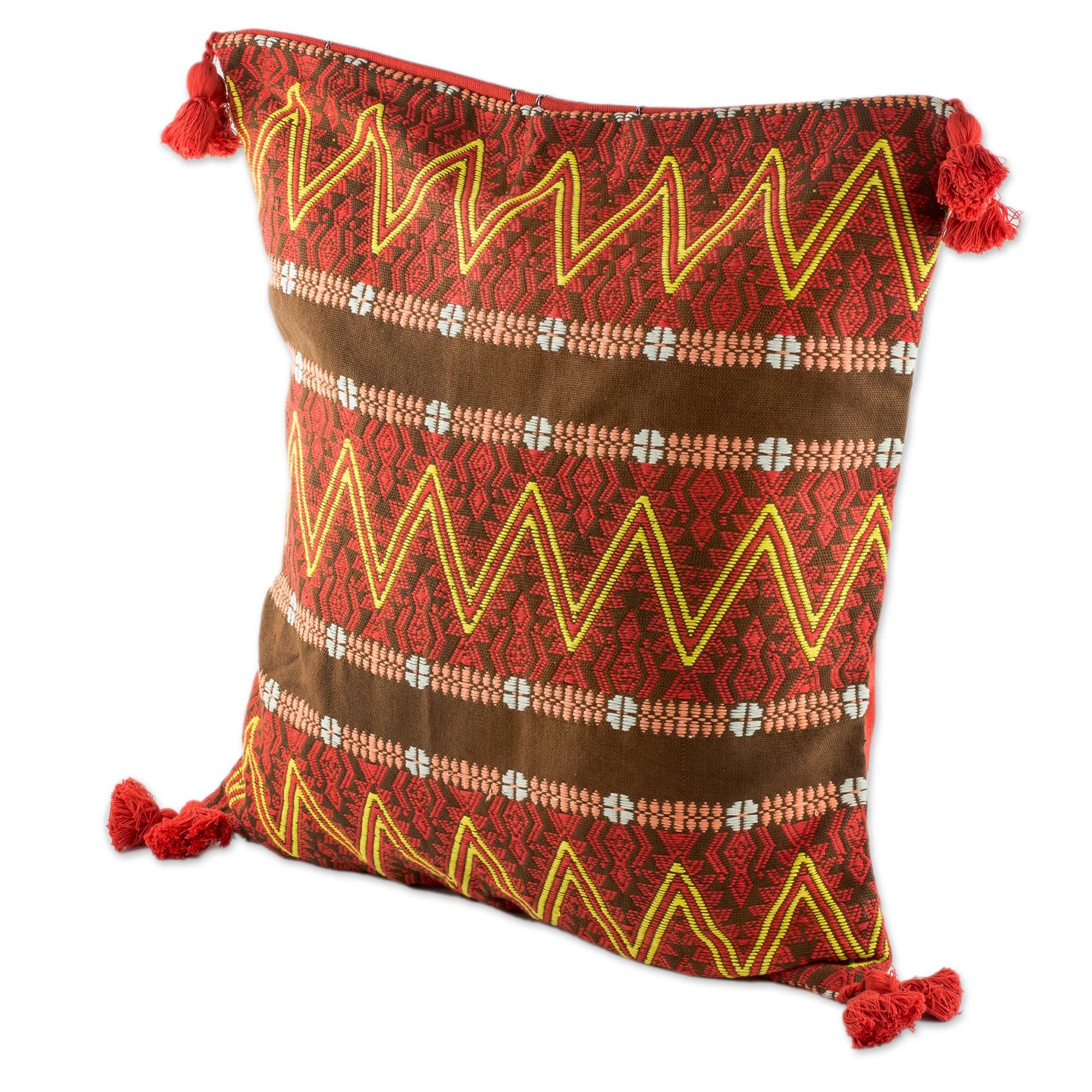 Premium Handwoven Zigzag Cotton Cushion Cover - Chestnut Design by Guatemalan Artisans