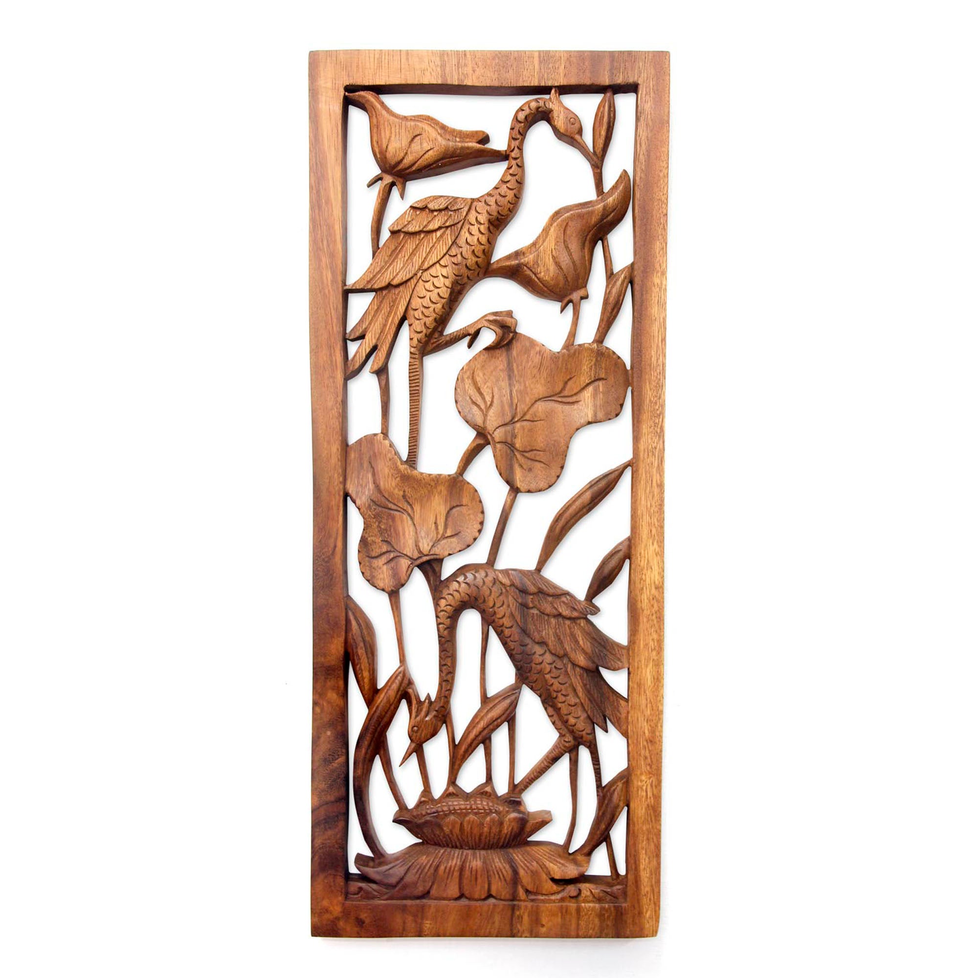 Premium Hand-Carved Suar Wood Heron & Lotus Pond Wall Art