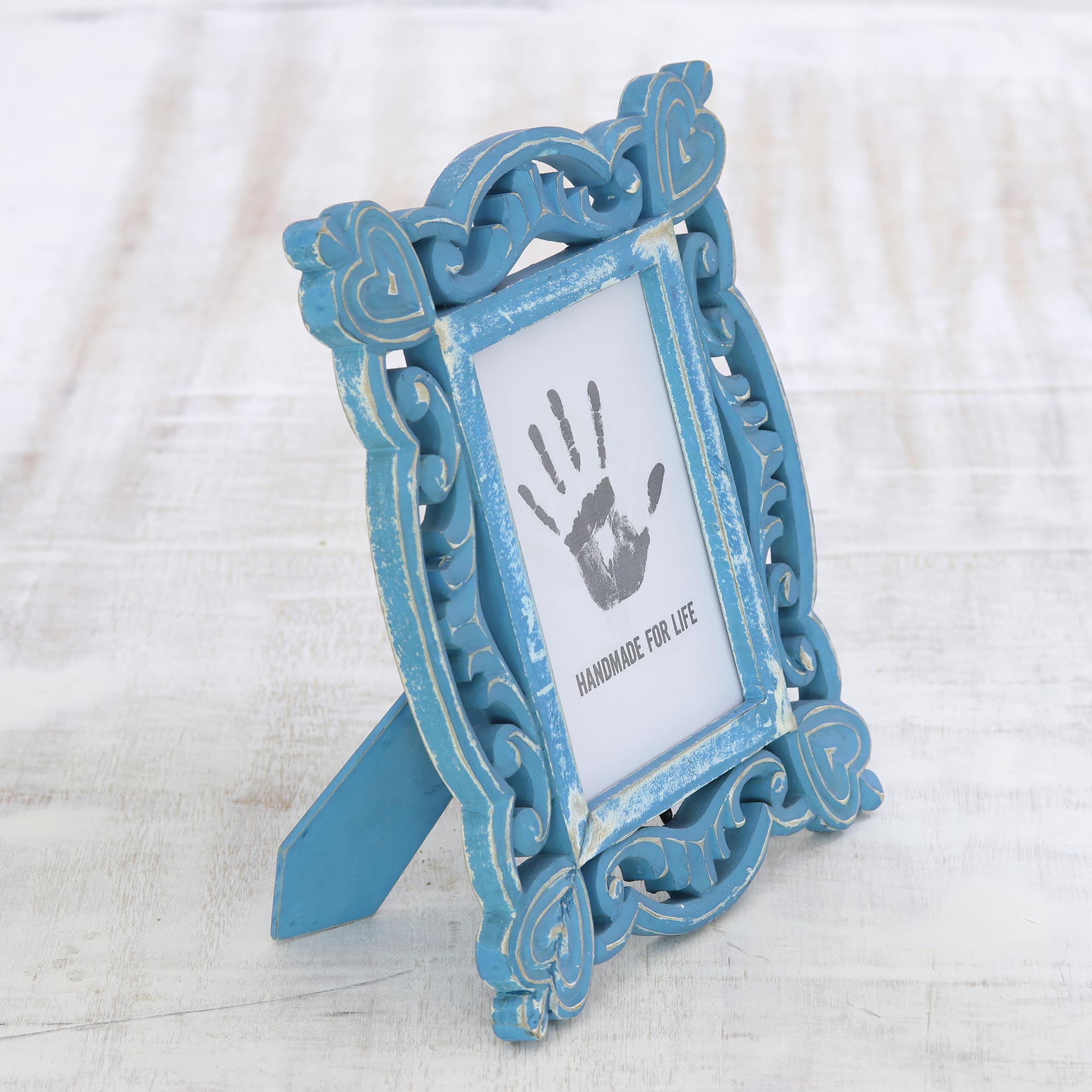 Premium Shabby-Chic Mango Wood Photo Frame - Hand-Carved Blue Memory Keeper 5x7