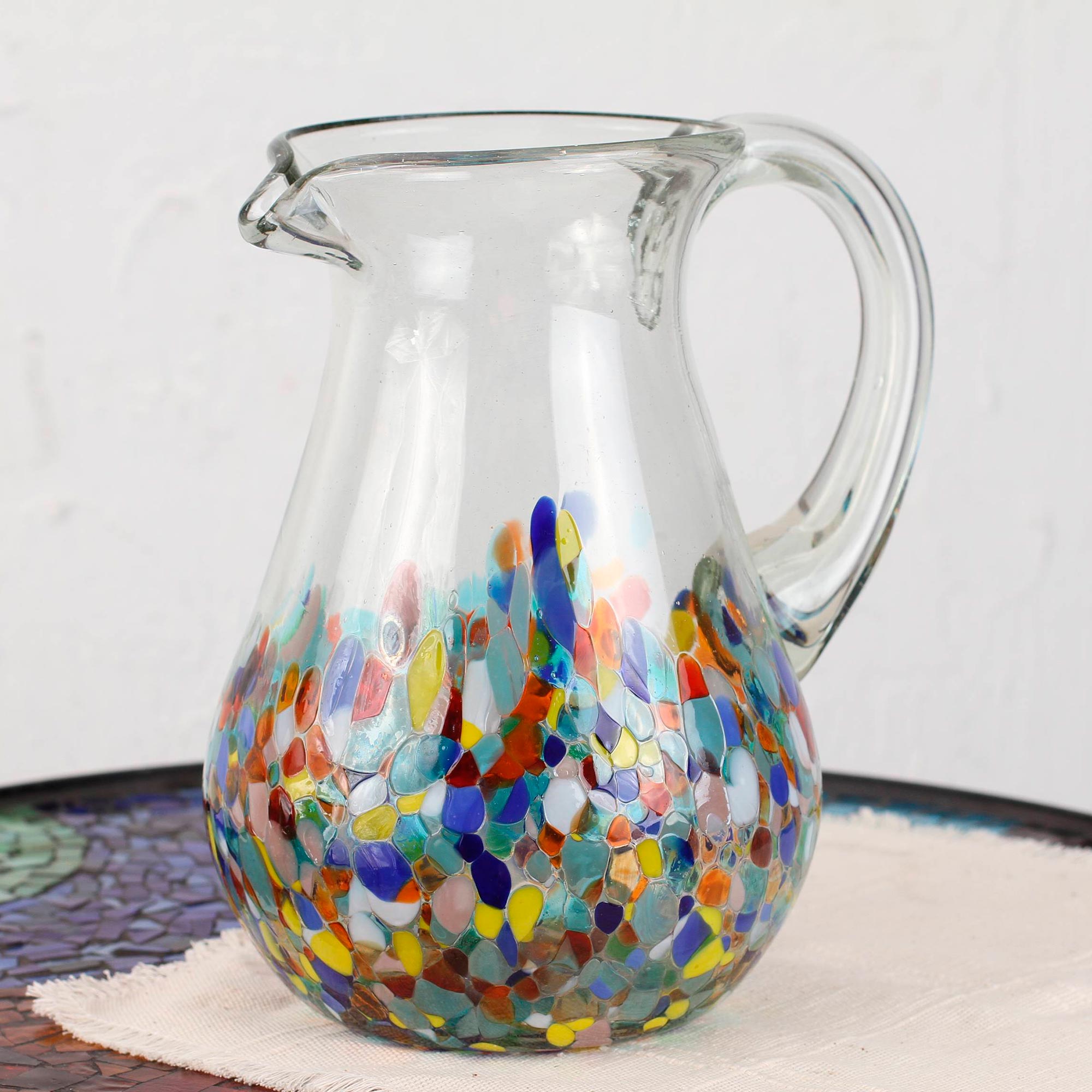 Premium Confetti Festival Hand Blown Glass Pitcher - 87 oz - Vibrant Mexican Artisan Craft