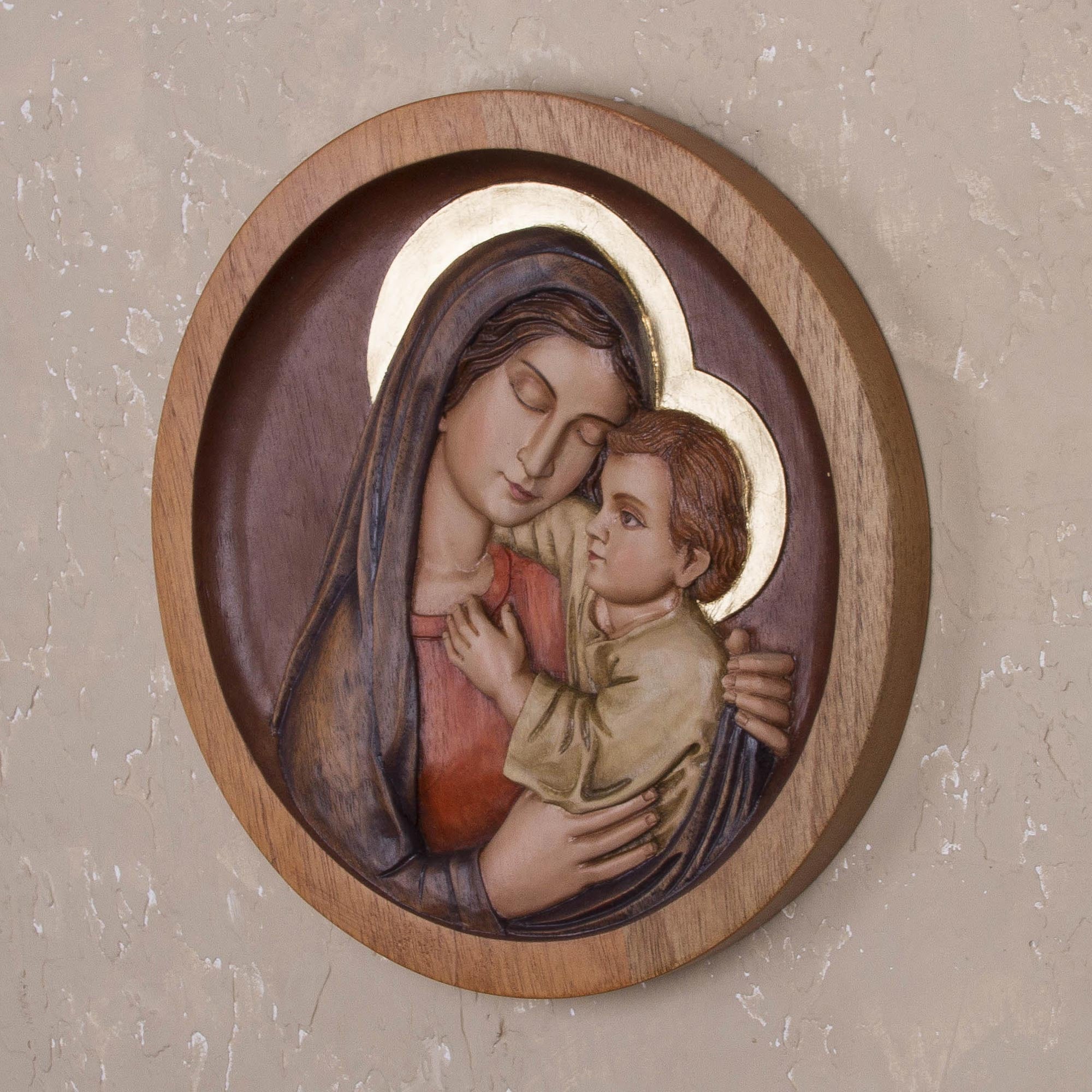 Premium Hand-Carved Mama Ashu Cedar Wood Relief Panel - Mary and Jesus from Peru