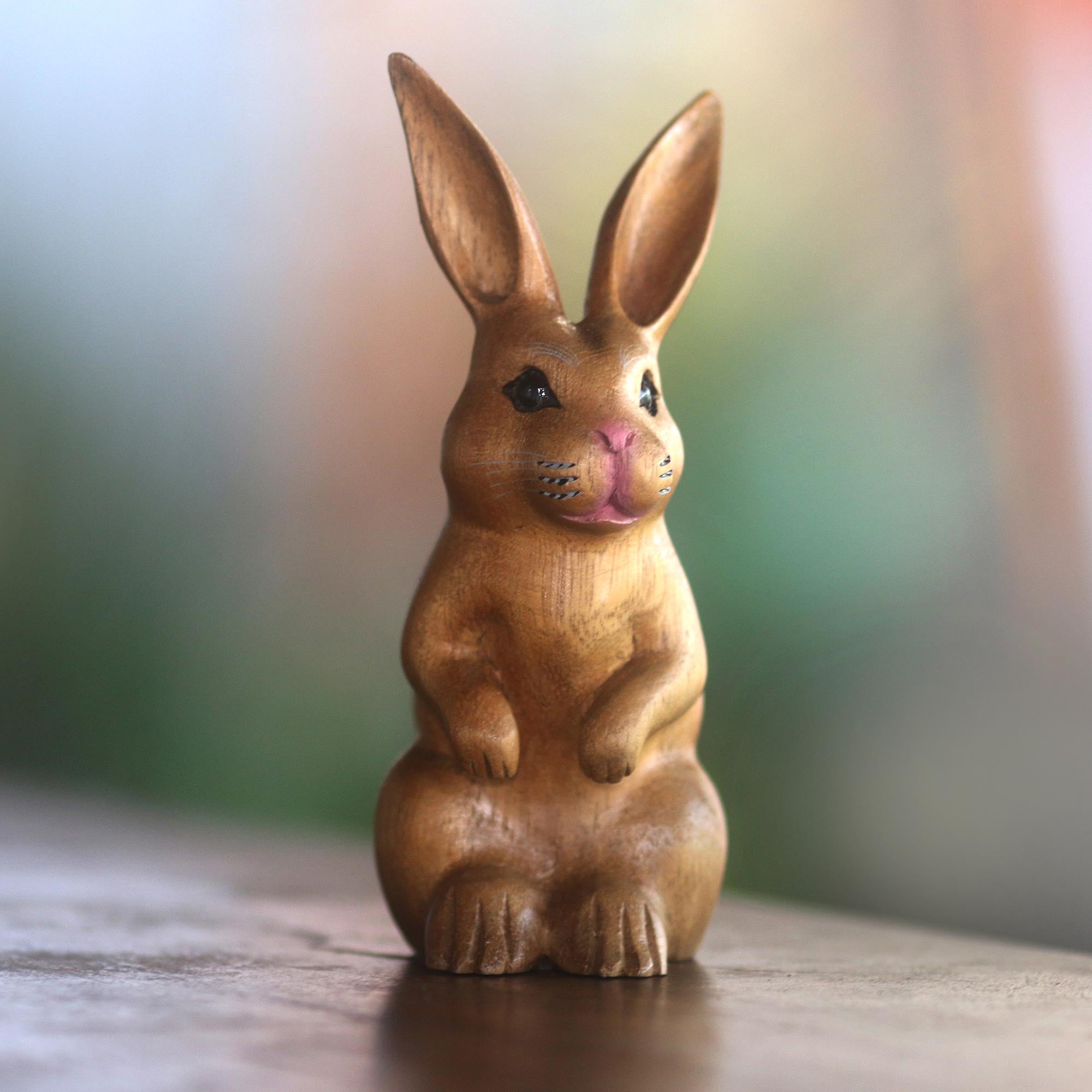 Premium Hand-Carved Brown Bunny Sculpture from Bali - Signed Artisan Piece