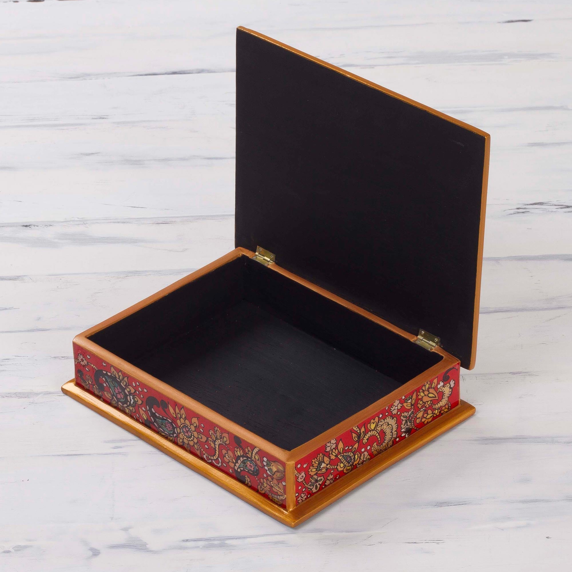 Premium Handcrafted Peruvian Wood Jewelry Box - Fiery Red Reverse-Painted Glass
