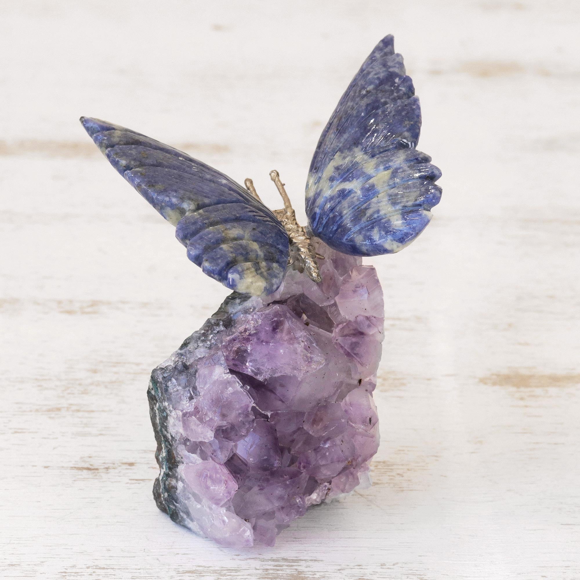 Premium Blue Morpho Butterfly Sculpture - Handcrafted Sodalite & Amethyst Art Piece