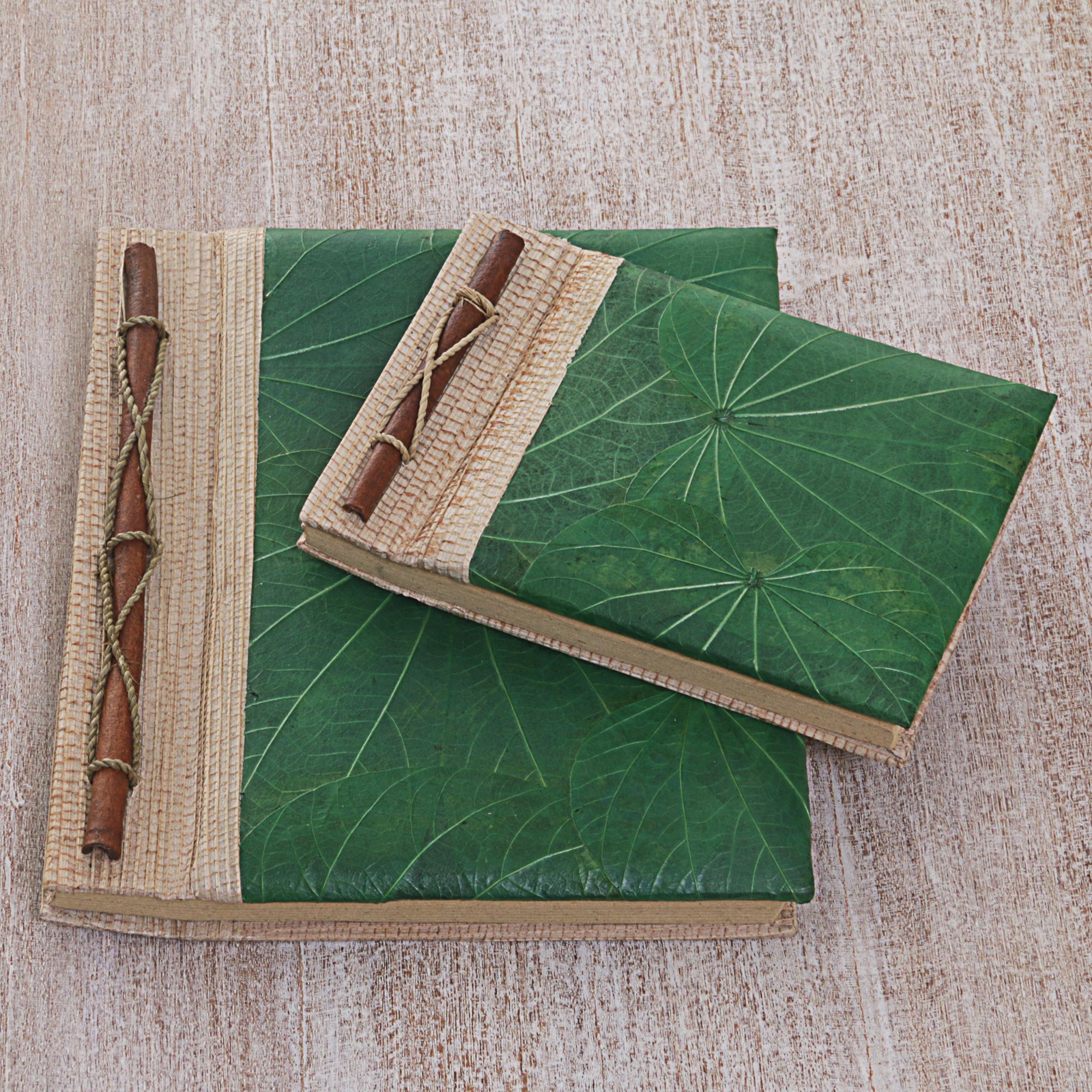 Premium Handcrafted Green Autumn Spirit Rice Paper Notebooks - Eco-Friendly Pair from Indonesia