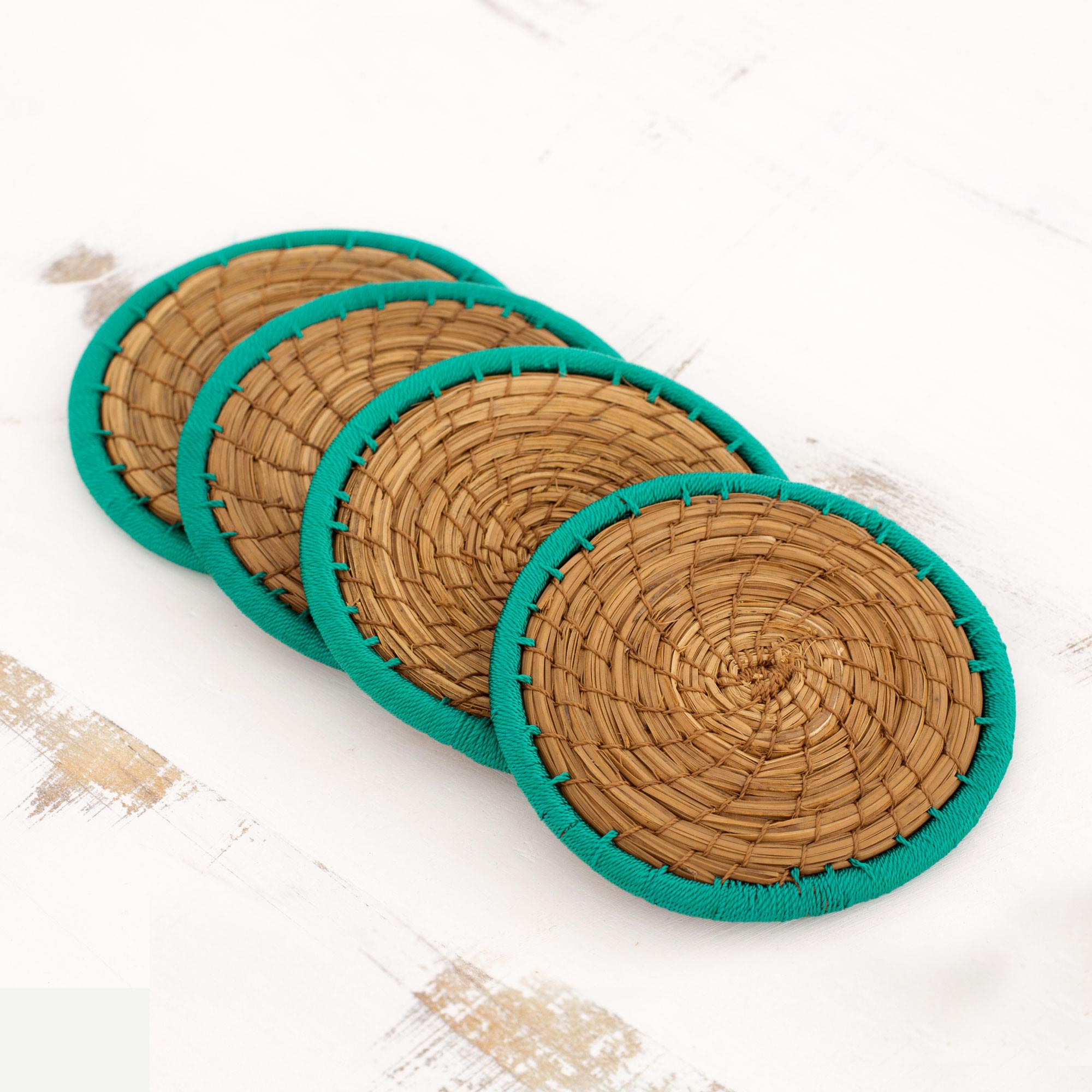 Premium Handwoven Latin Toast Coasters Set of 4 - Eco-Friendly Pine Needle & Polyester Design