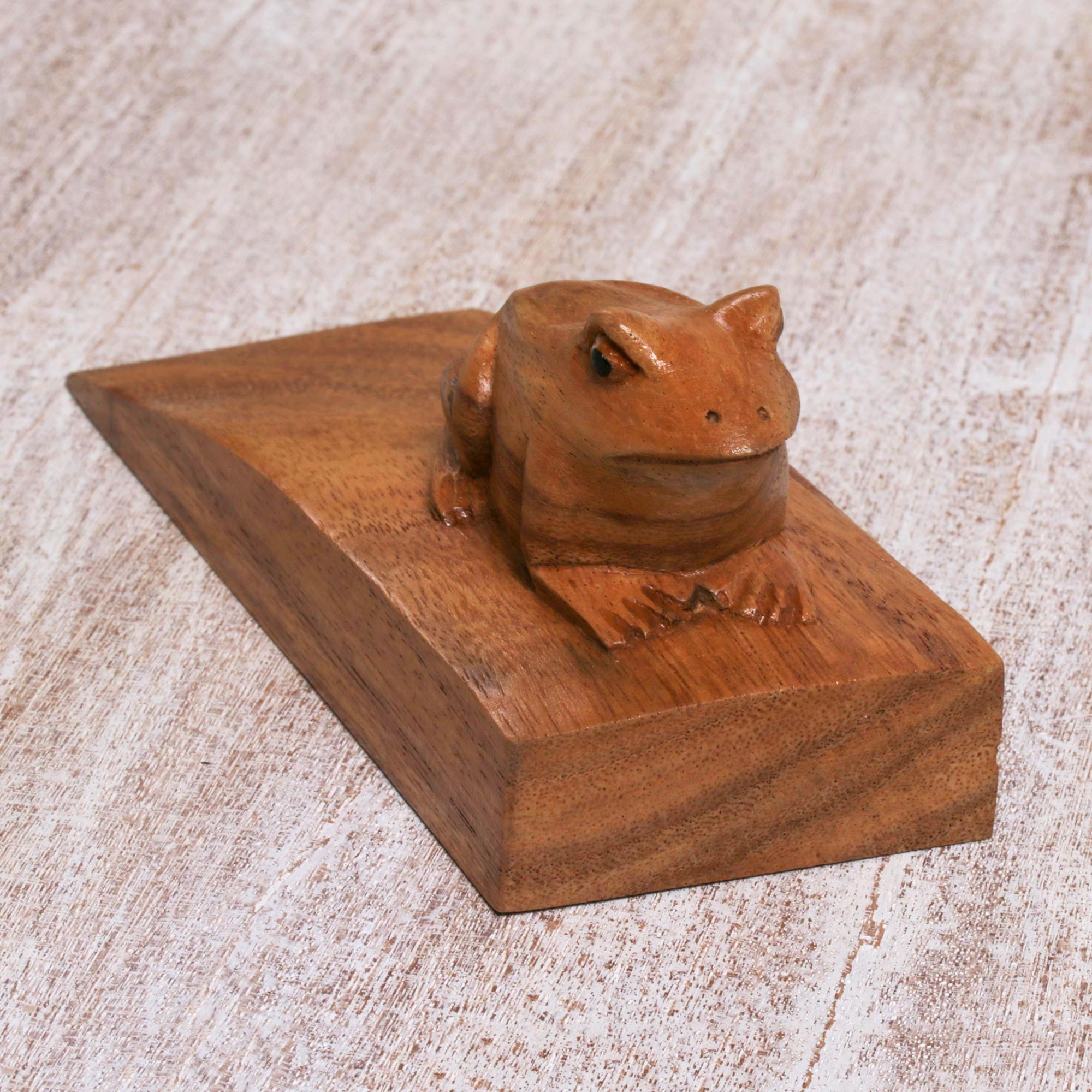 Premium Handcrafted Suar Wood Frog Doorstop with Brown Toad - Artisan Crafted in Bali