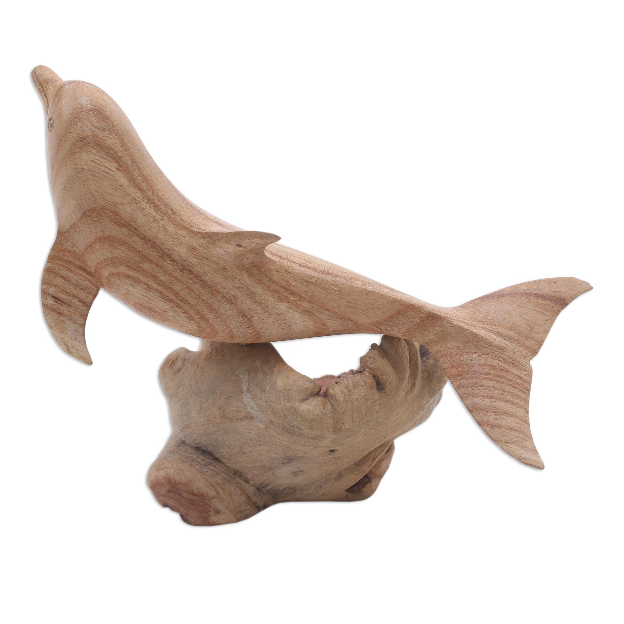 Premium Hand-Carved Jempinis Wood Leaping Dolphin Sculpture - Unique Artisan Craft