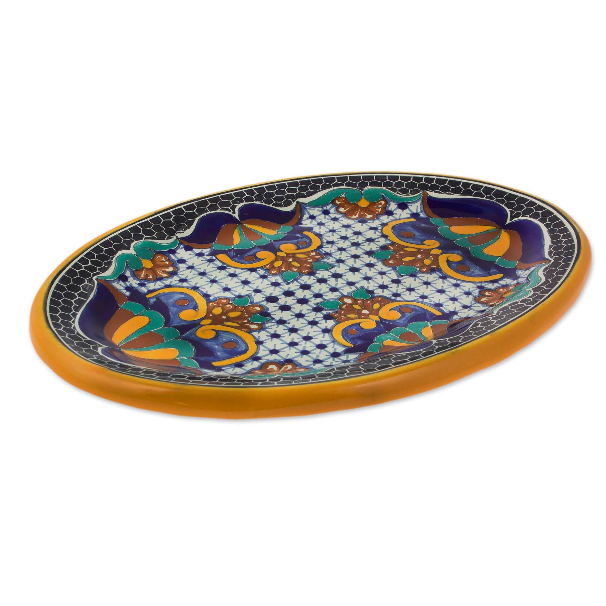 Premium Zacatlán Flowers Hand-Painted Ceramic Serving Plate – 13 Inch Oval
