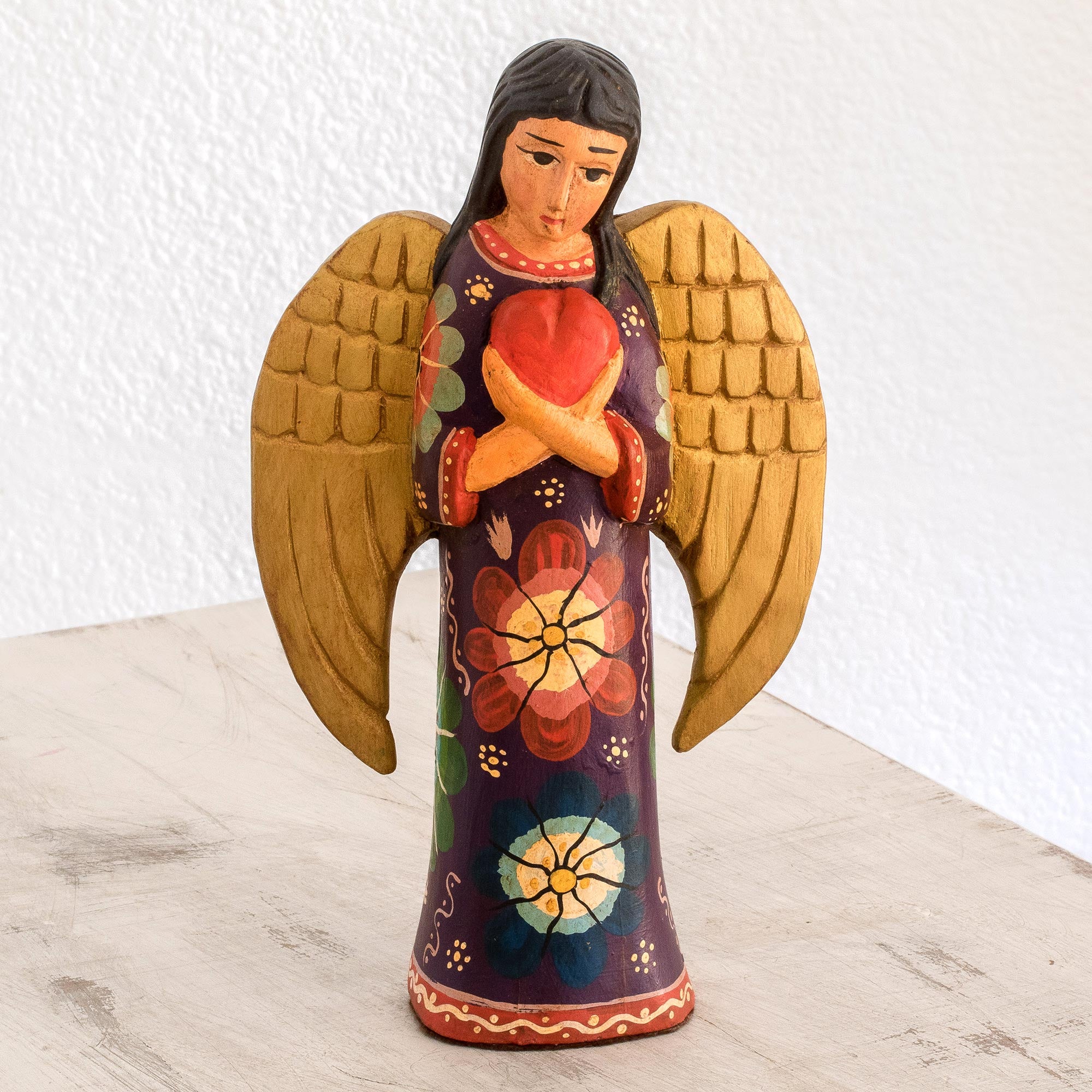 Premium Handcrafted Angel Sculpture - Floral Pinewood Art from Guatemala