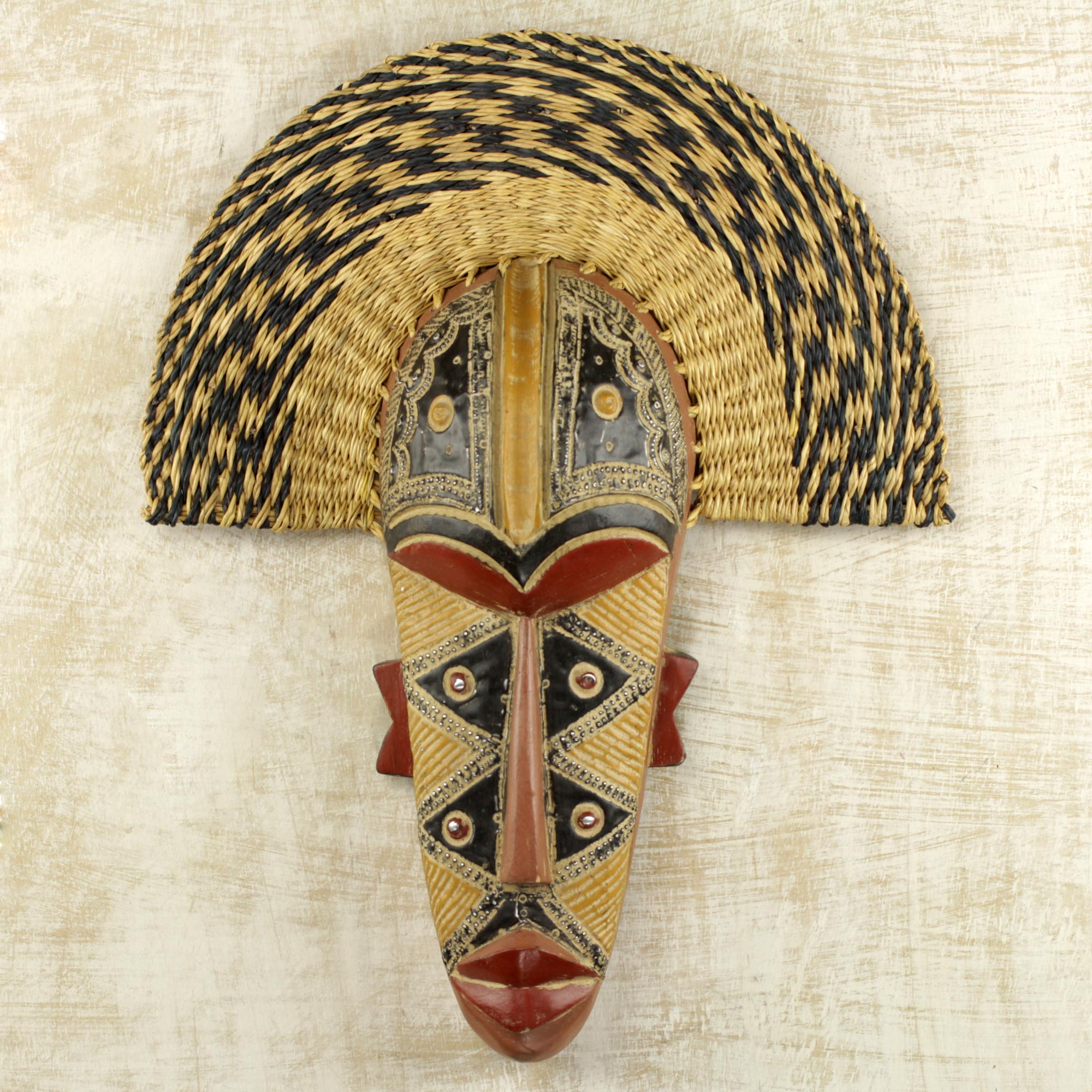 Premium Handcrafted African Prosperity Mask with Wood & Raffia Accents