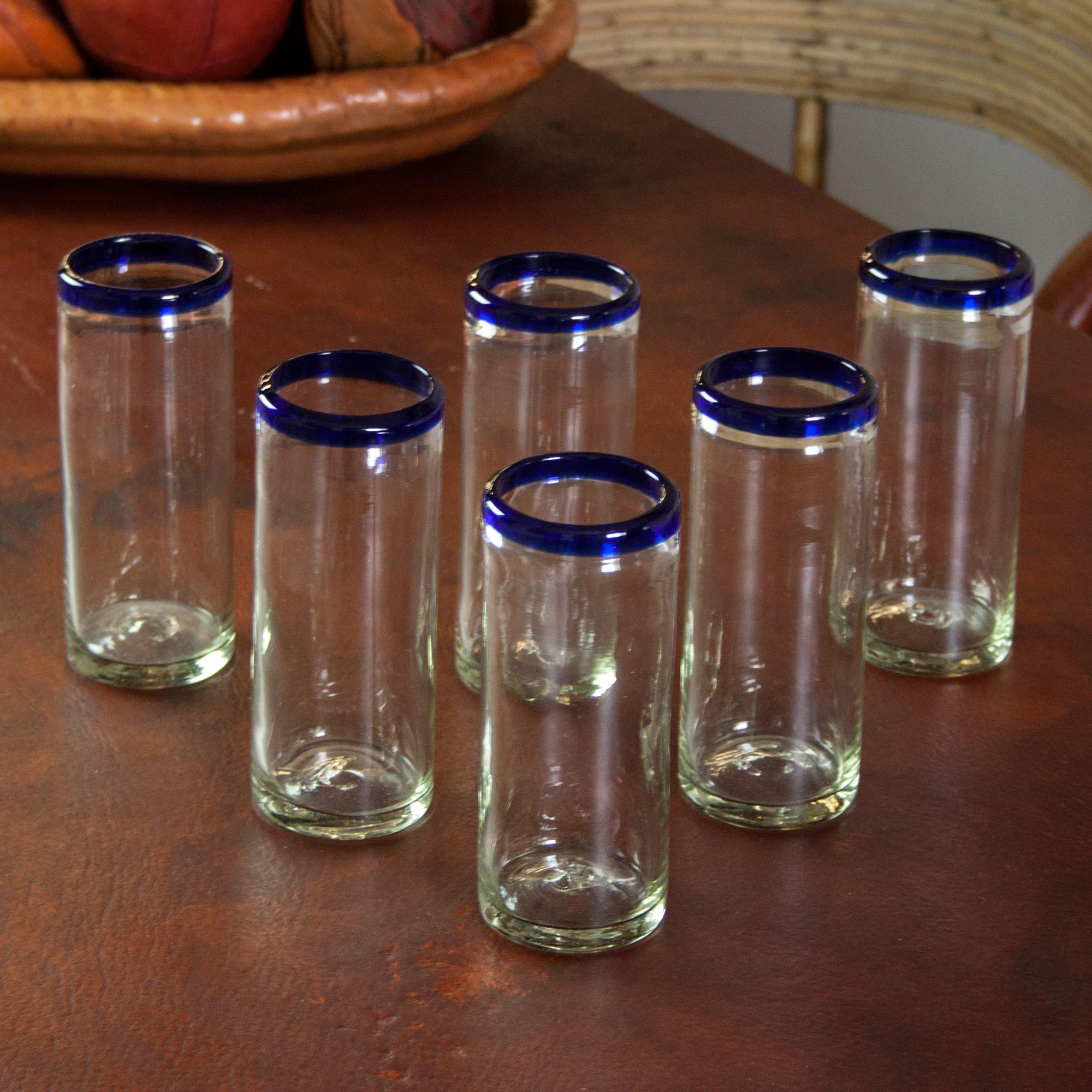 Premium Handblown Cobalt Blue Rim Highball Tumbler Set - Unique Glassware