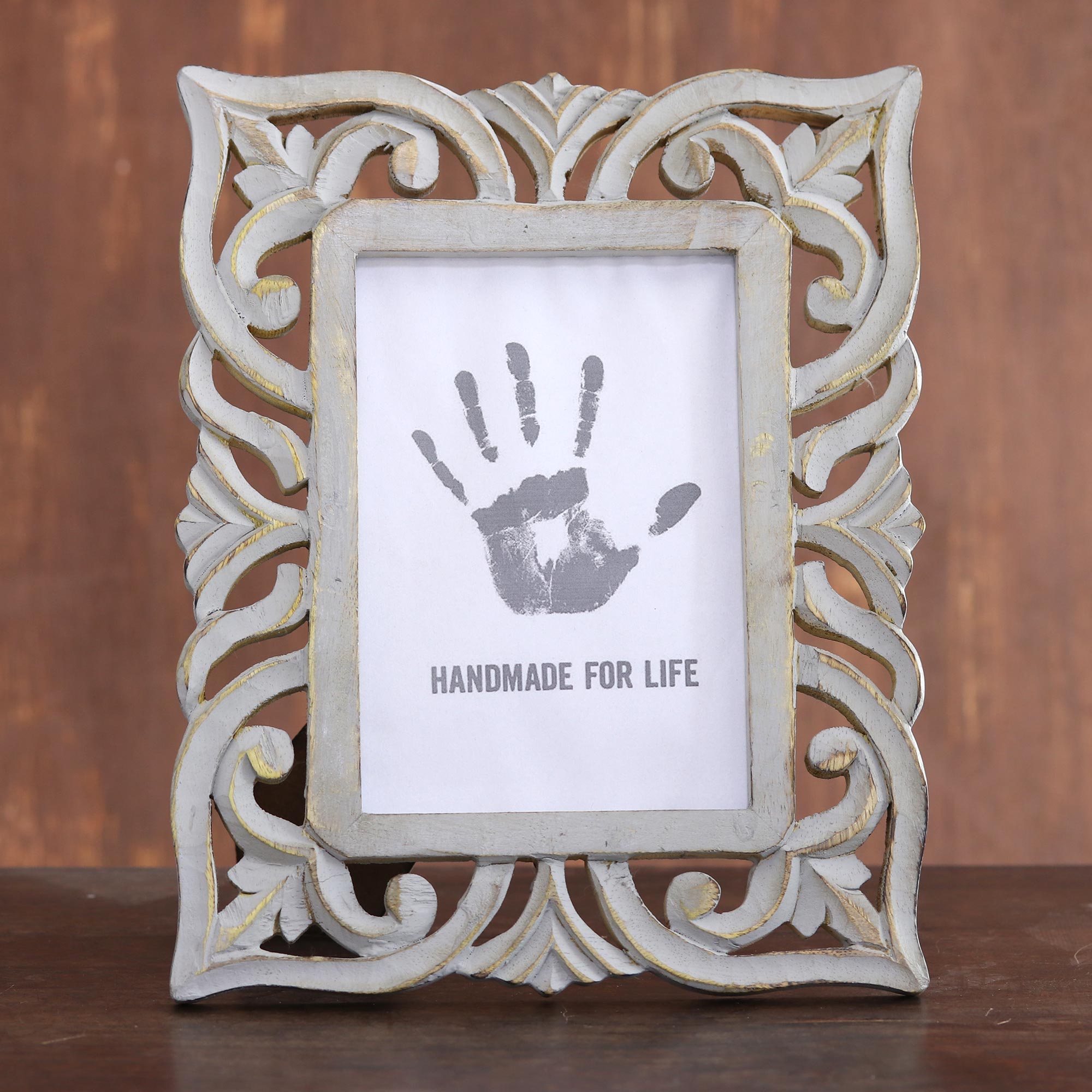 Premium Mughal Garden Grey Hand-Carved Mango Wood Photo Frame – 5x7, Rustic Elegance