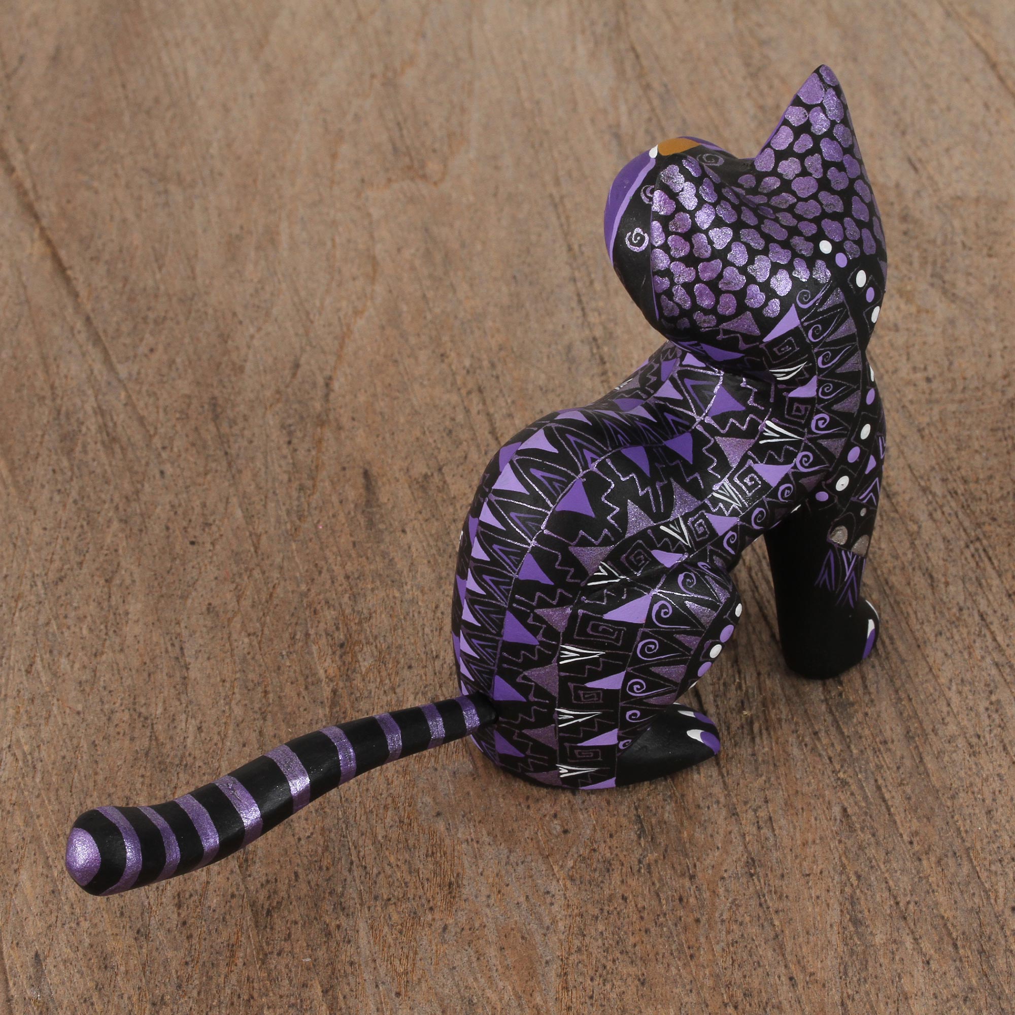 Premium Hand-Painted Black Alebrije Cat with Silver & Purple Motifs