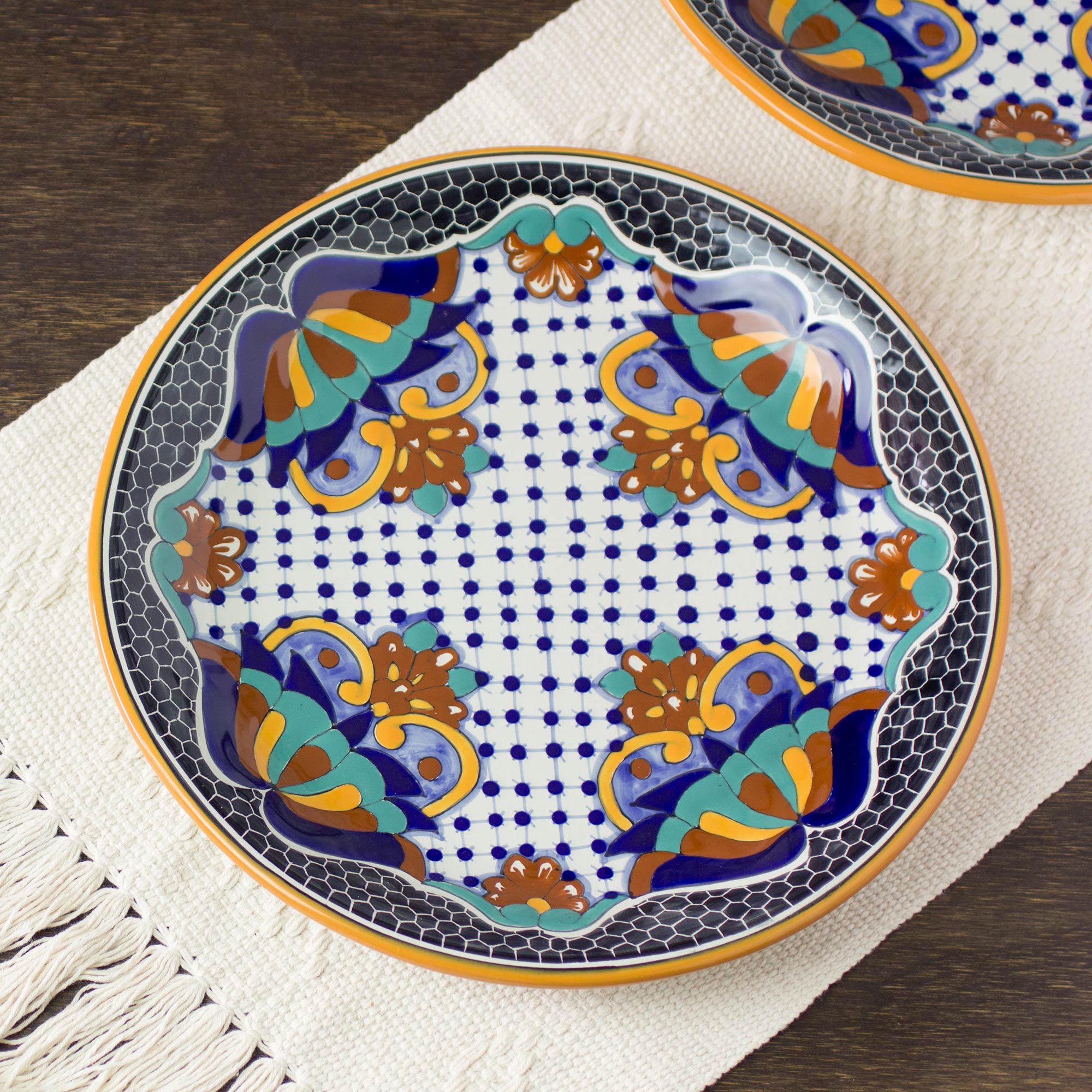 Premium Zacatlan Flowers Handcrafted Ceramic Dinner Plates - Set of 2