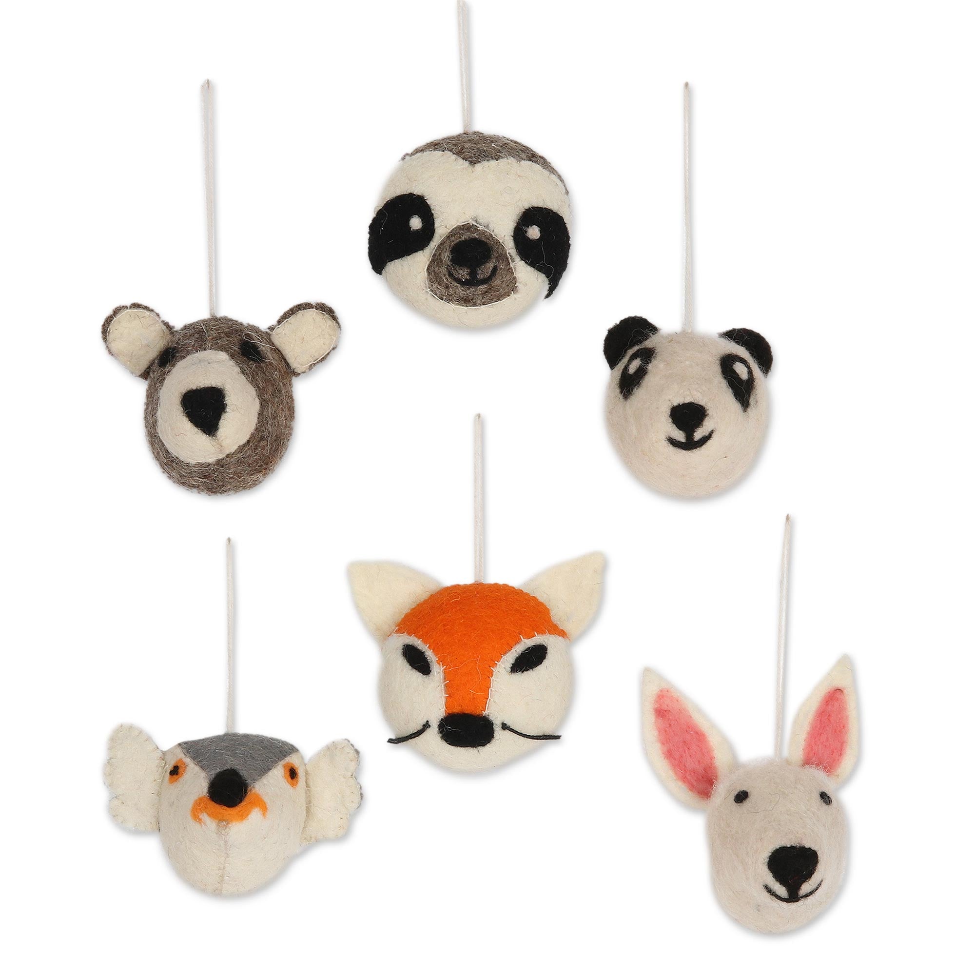 Premium Handcrafted Animal Face Wool Felt Ornaments - Set of 6 (Happy Animals Collection)