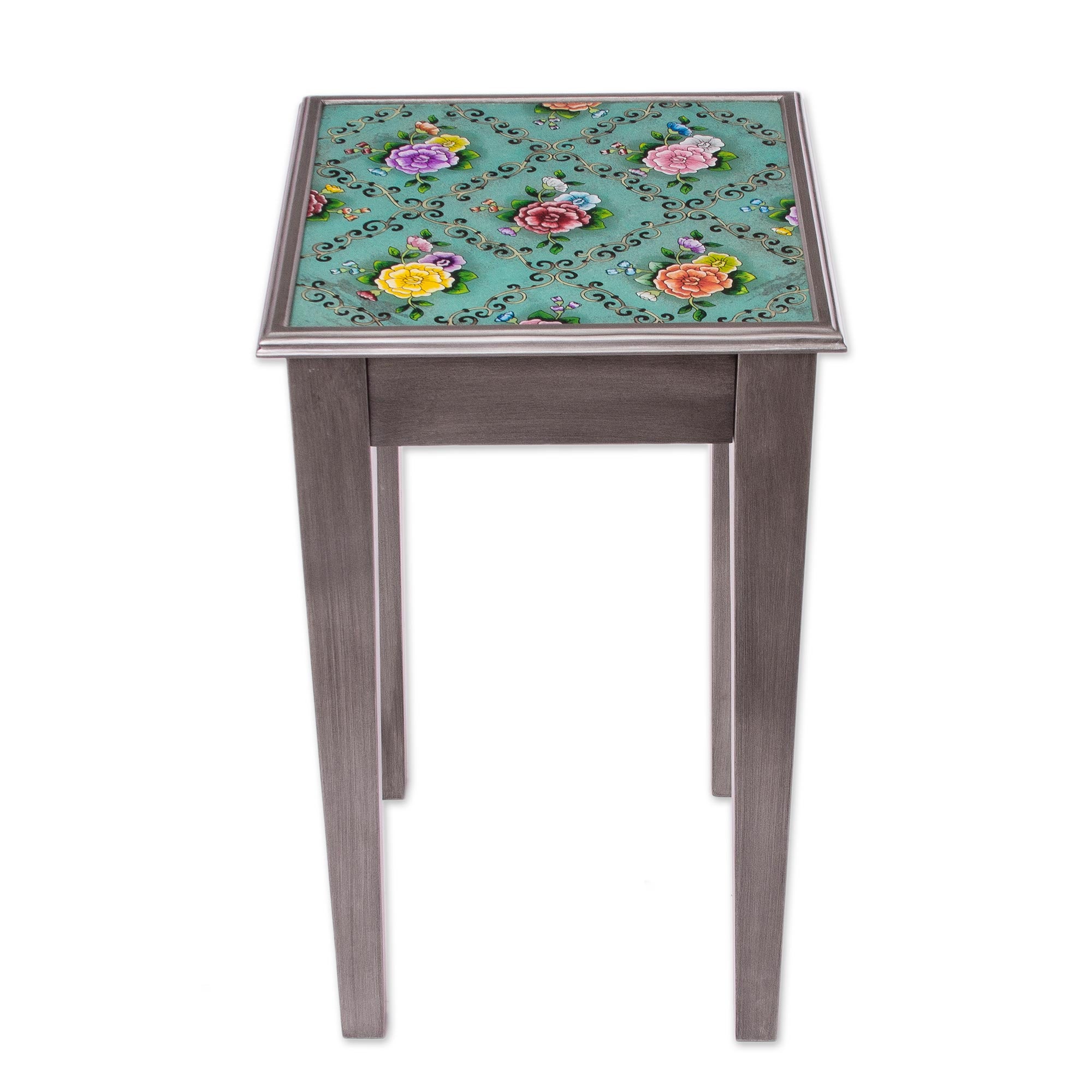 Premium Reverse-Painted Glass Floral Accent Table - Handcrafted in Peru