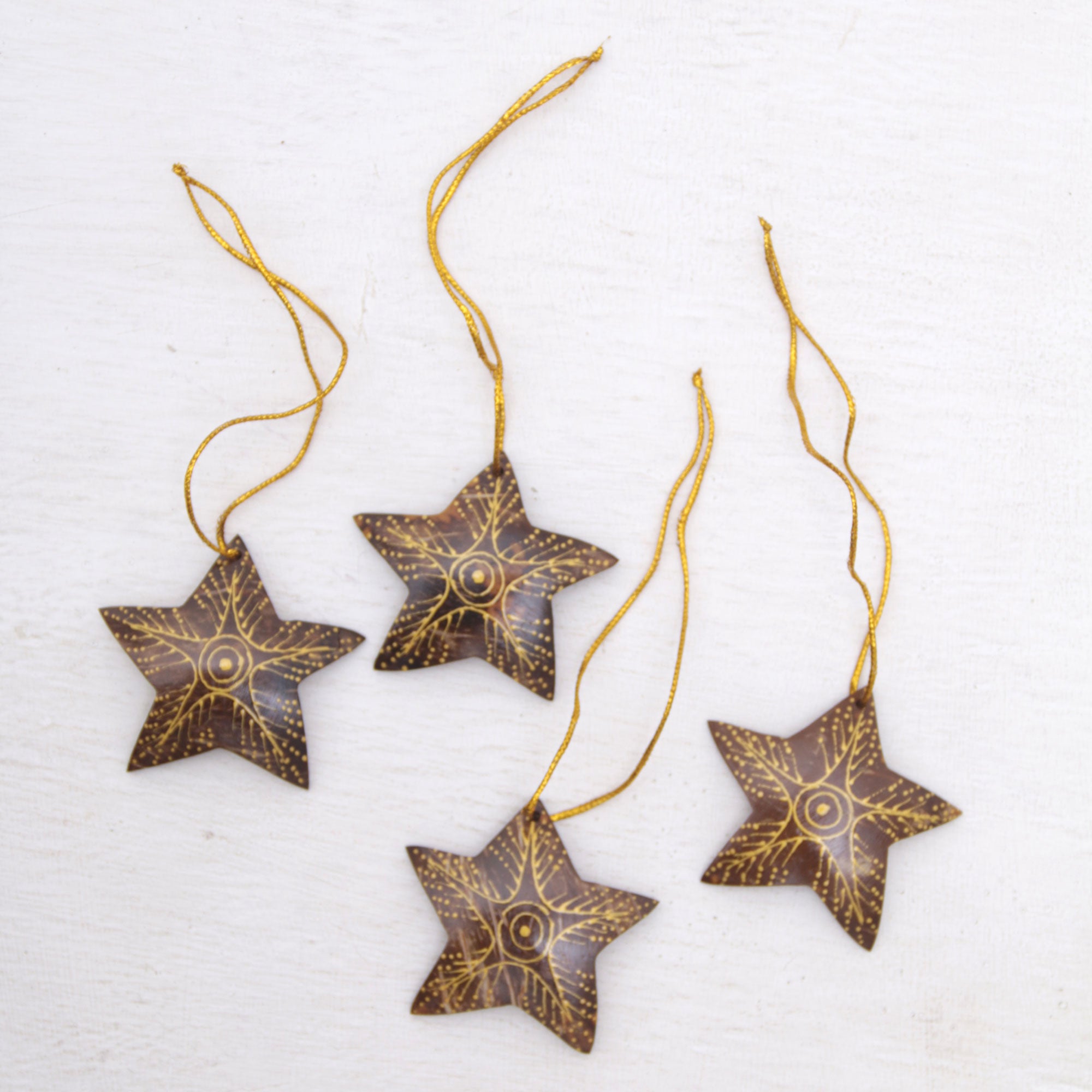 Premium Handmade Coconut Shell Star Ornaments - Set of 4