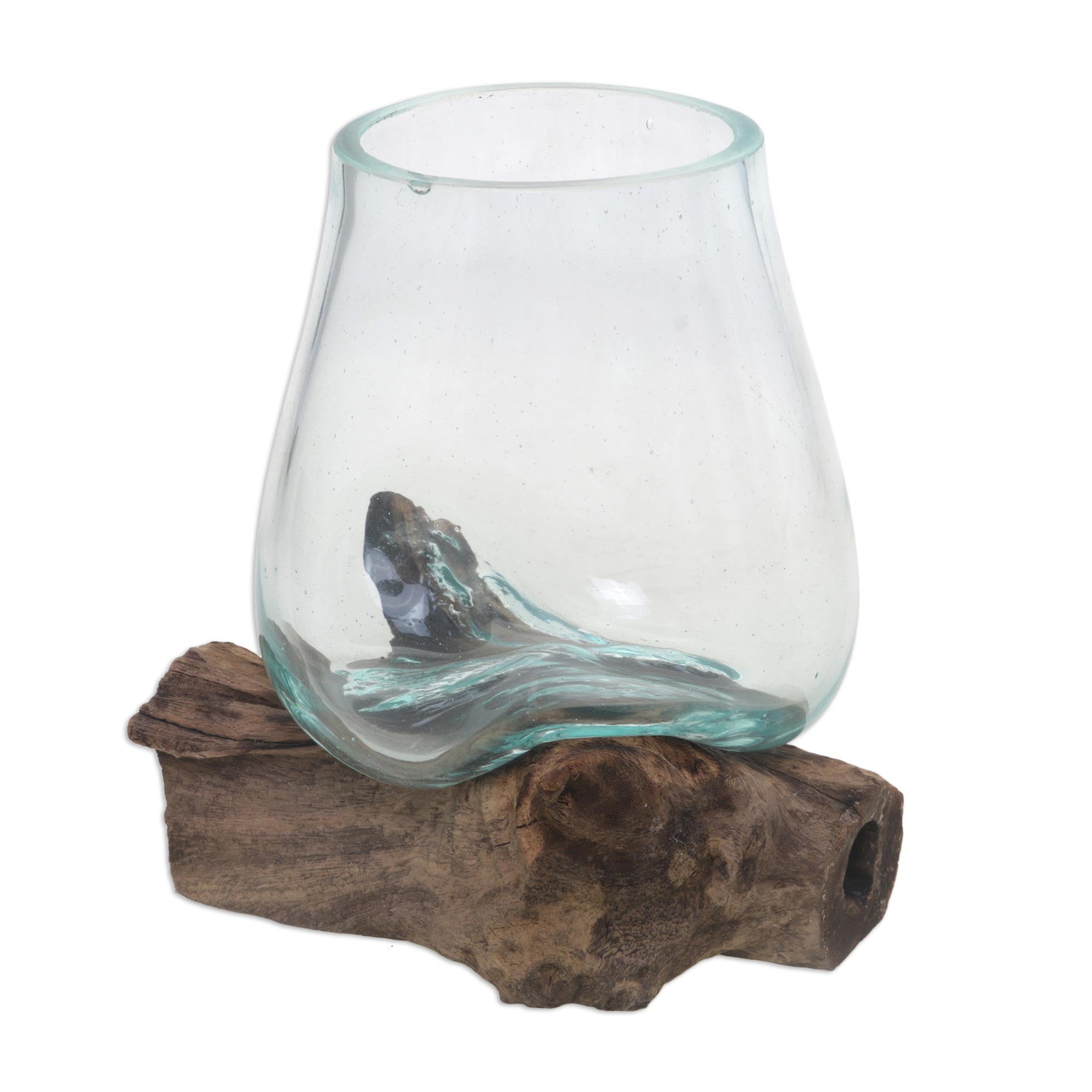 Premium Handcrafted Clear Horizon Vase - Blown Glass & Albesia Wood, Made in Bali