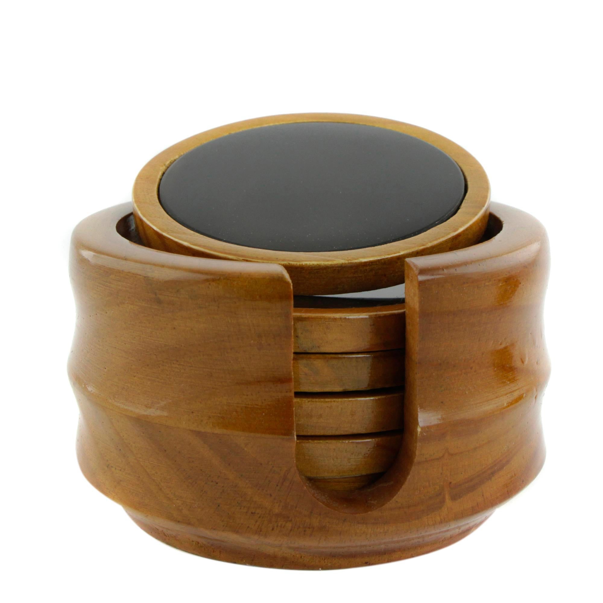 Premium Nocturnal Wisdom Coaster Set: 6 Black Agate & Cedar Wood Coasters with Stand