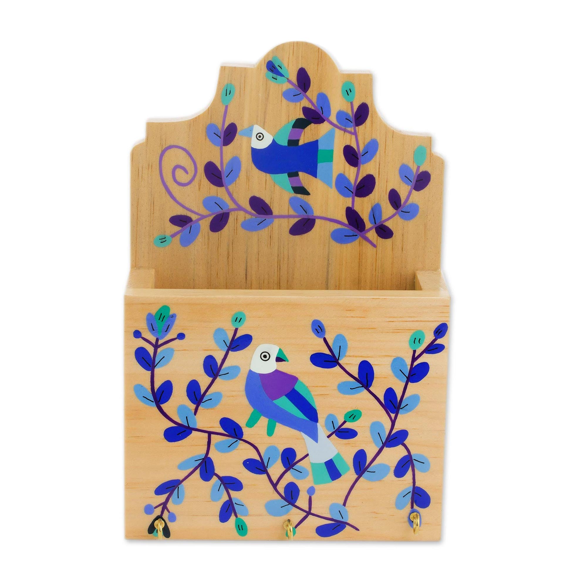 Premium Pinewood Letter & Key Holder with Hand-Painted Blue & Purple Birds