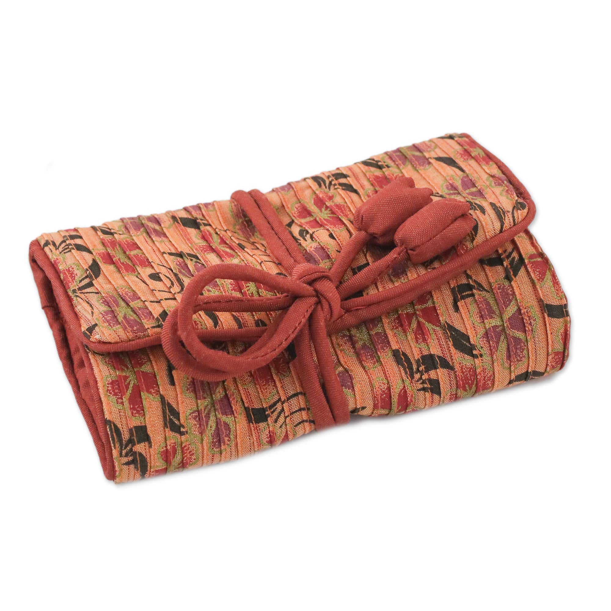 Premium Peach Jewelry Roll: Rayon & Silk Blend with Floral Motifs