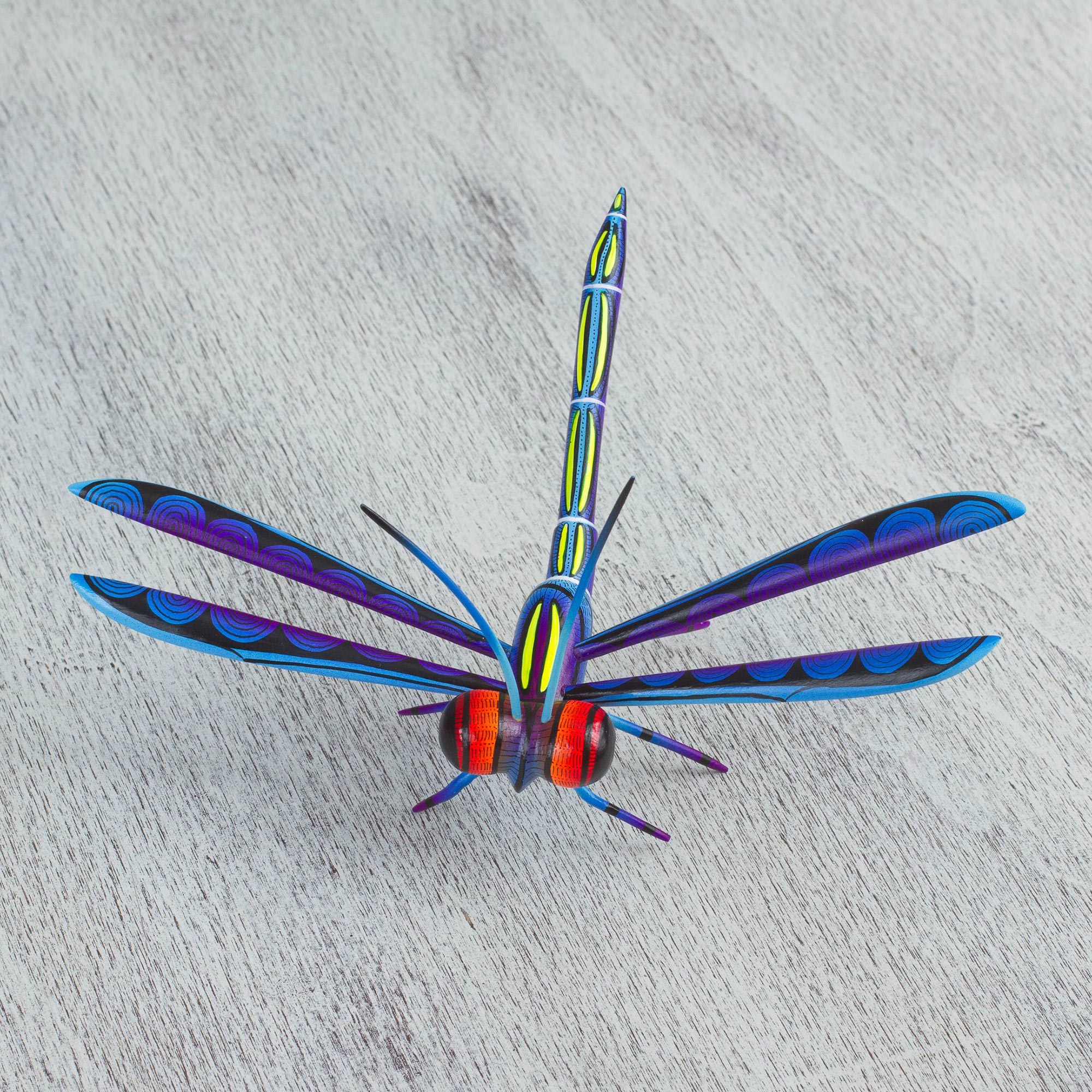 Premium Handcrafted Blue Copal Wood Dragonfly Sculpture - Authentic Mexican Artistry